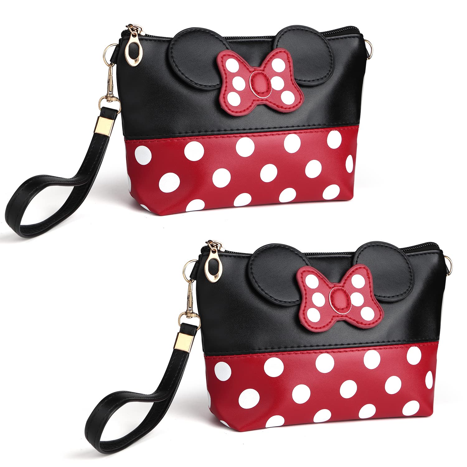 2 Pack Cute Cartoon Leather Travel Makeup Bag for Women & Teens - Portable Cosmetic Organizer & Toiletry Pouch for Girls (Black) | Perfect for Travel, Gym, School & Daily Use