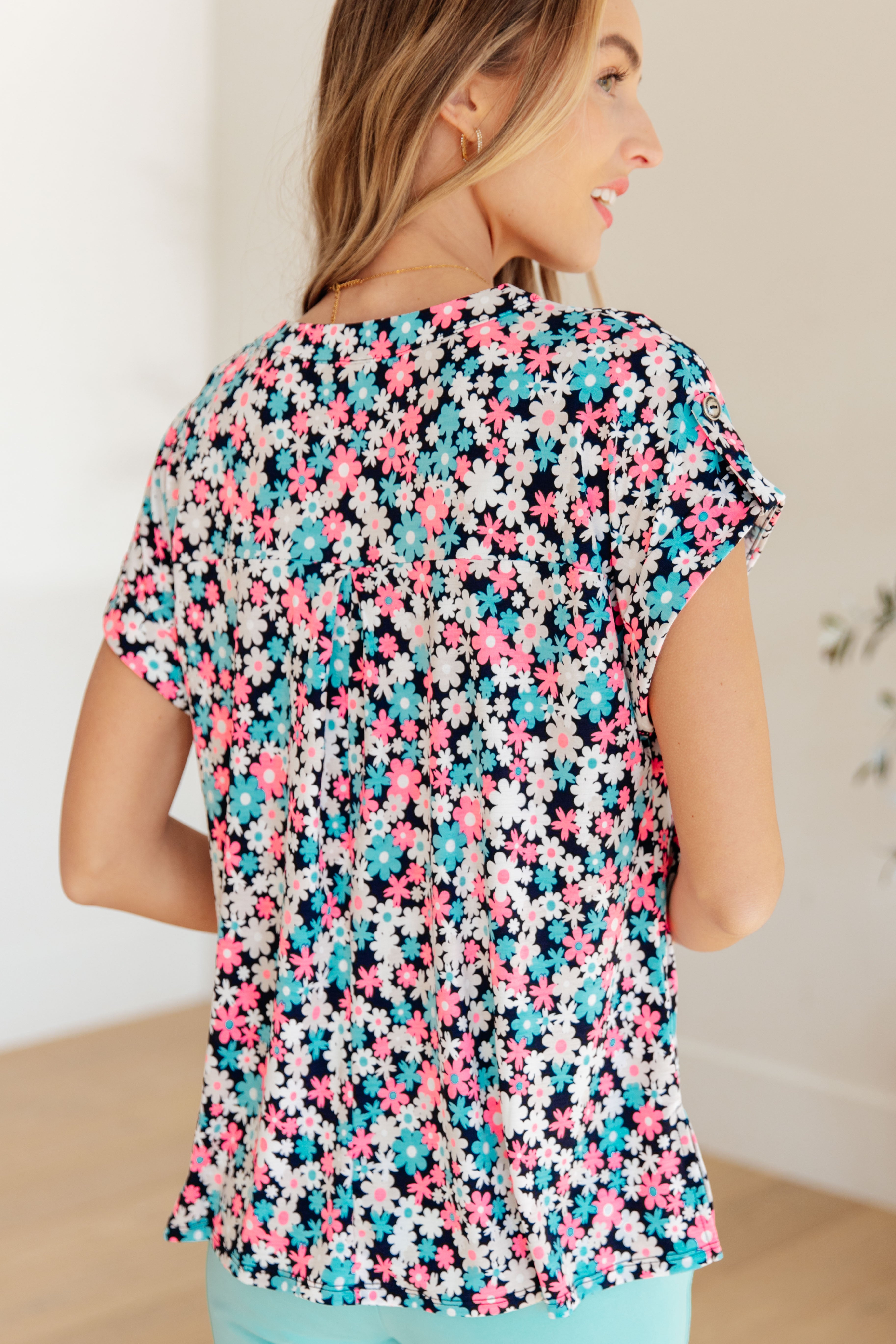 Lizzy Cap Sleeve Top - Navy & Hot Pink Floral Print Women's Blouse for Casual Wear, Date Night & Summer Outfits