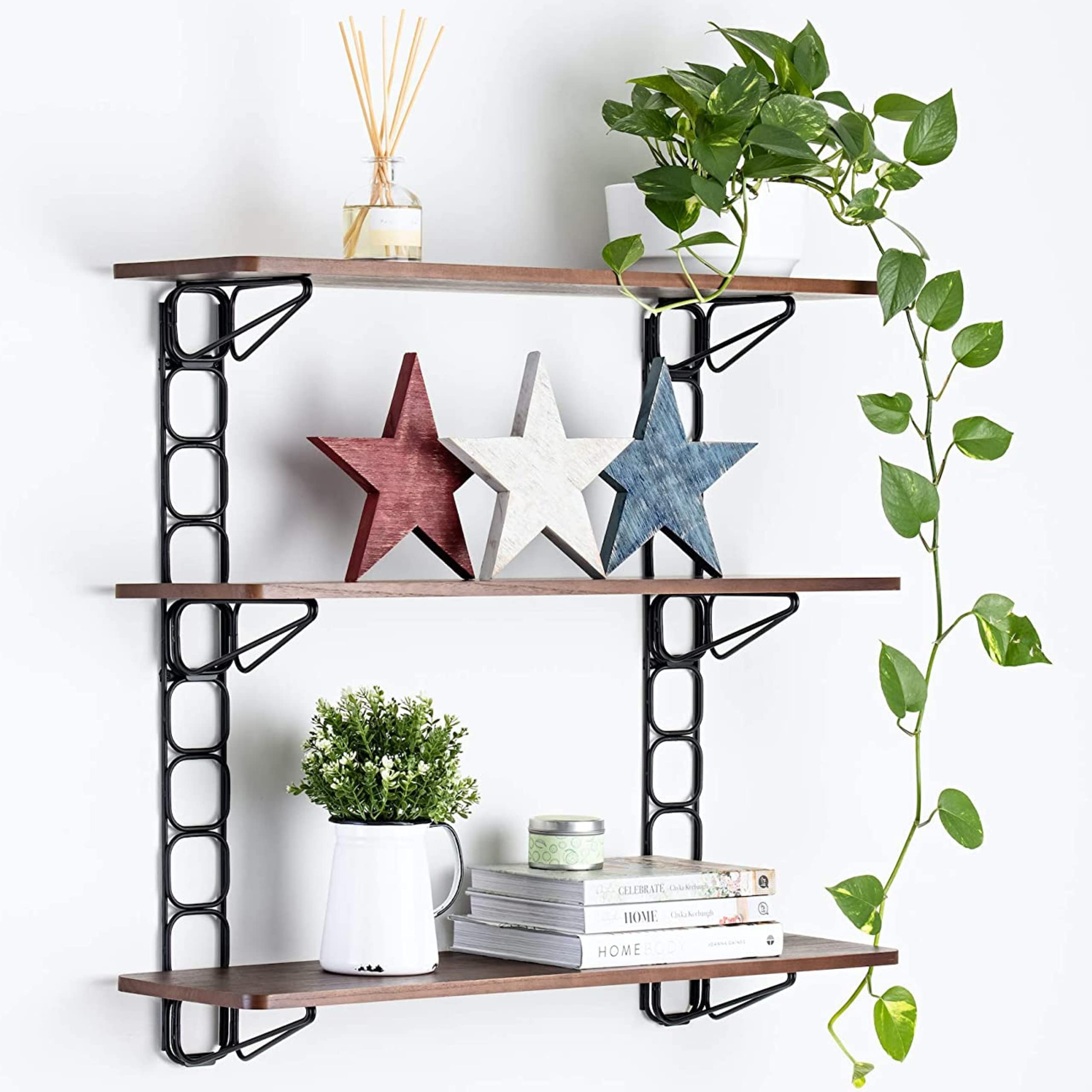 3-Tier Floating Shelves for Wall Mounted - 36 Inch Modern Natural Wood Decor Hanging Storage - Bookshelf for Bedroom, Bathroom, Living Room, Kitchen, Apartment & Office - Walnut Color with Black Frame - Perfect for Organizing Books, Plants & Home Decor