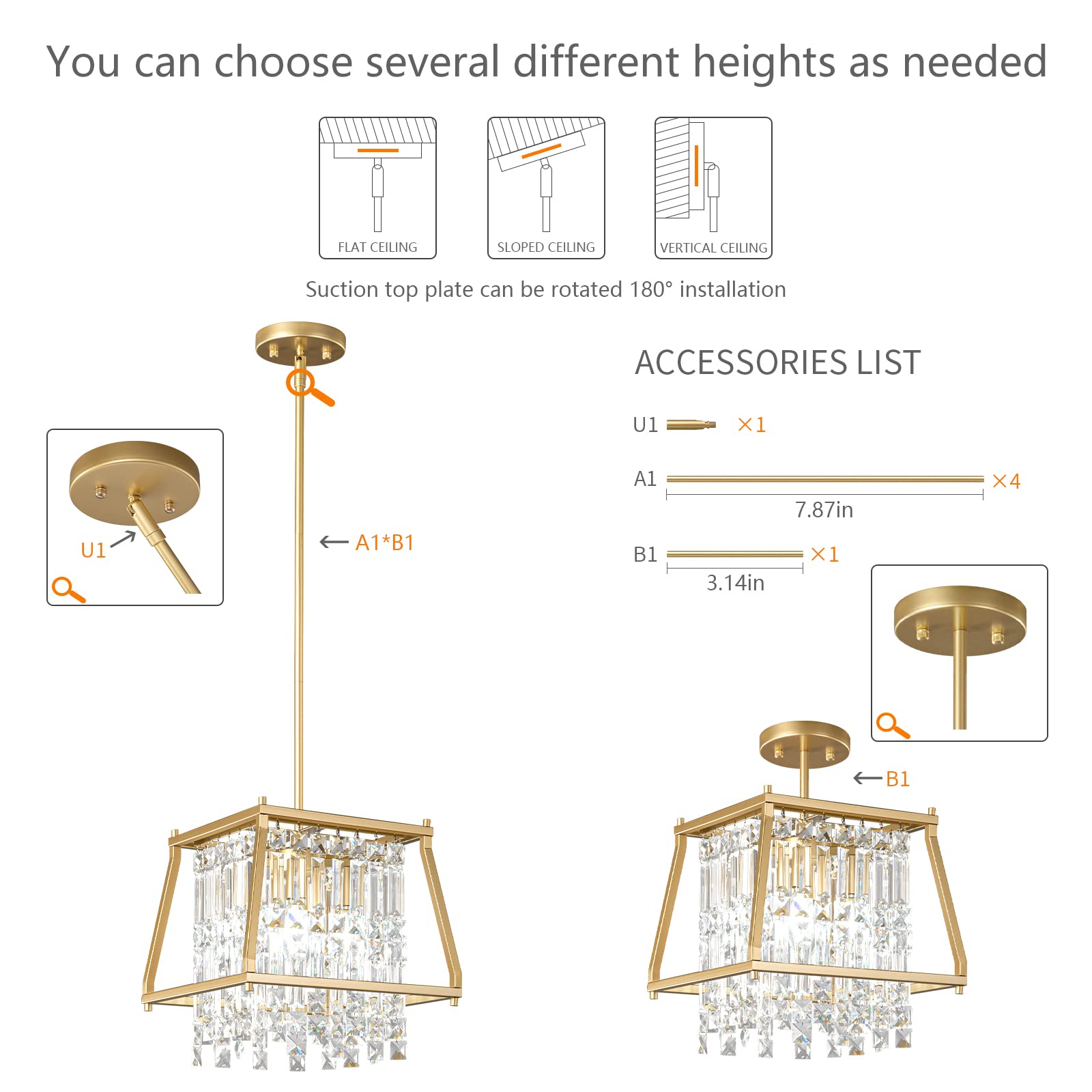 LMQNINE Farmhouse Chandelier - Gold Metal Crystal Pendant Light Fixture for Kitchen Island, Dining Room, Living Room - Flat & Sloped Ceiling (Trapezoid 11.81 Inch) - Perfect for Rustic Home Decor & Wedding Venue Lighting