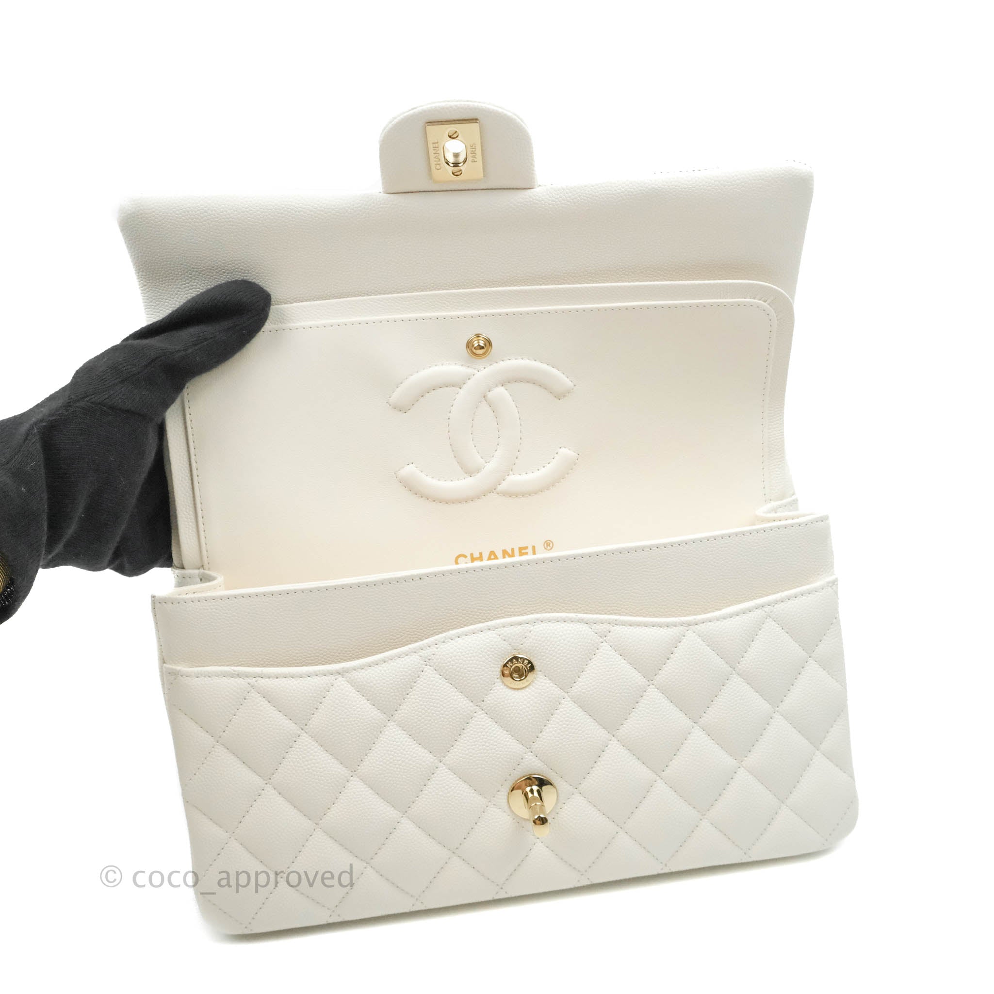 Chanel Classic Medium Double Flap Bag in White Caviar Leather with Gold Hardware - Perfect for Luxury Everyday Wear & Special Occasions