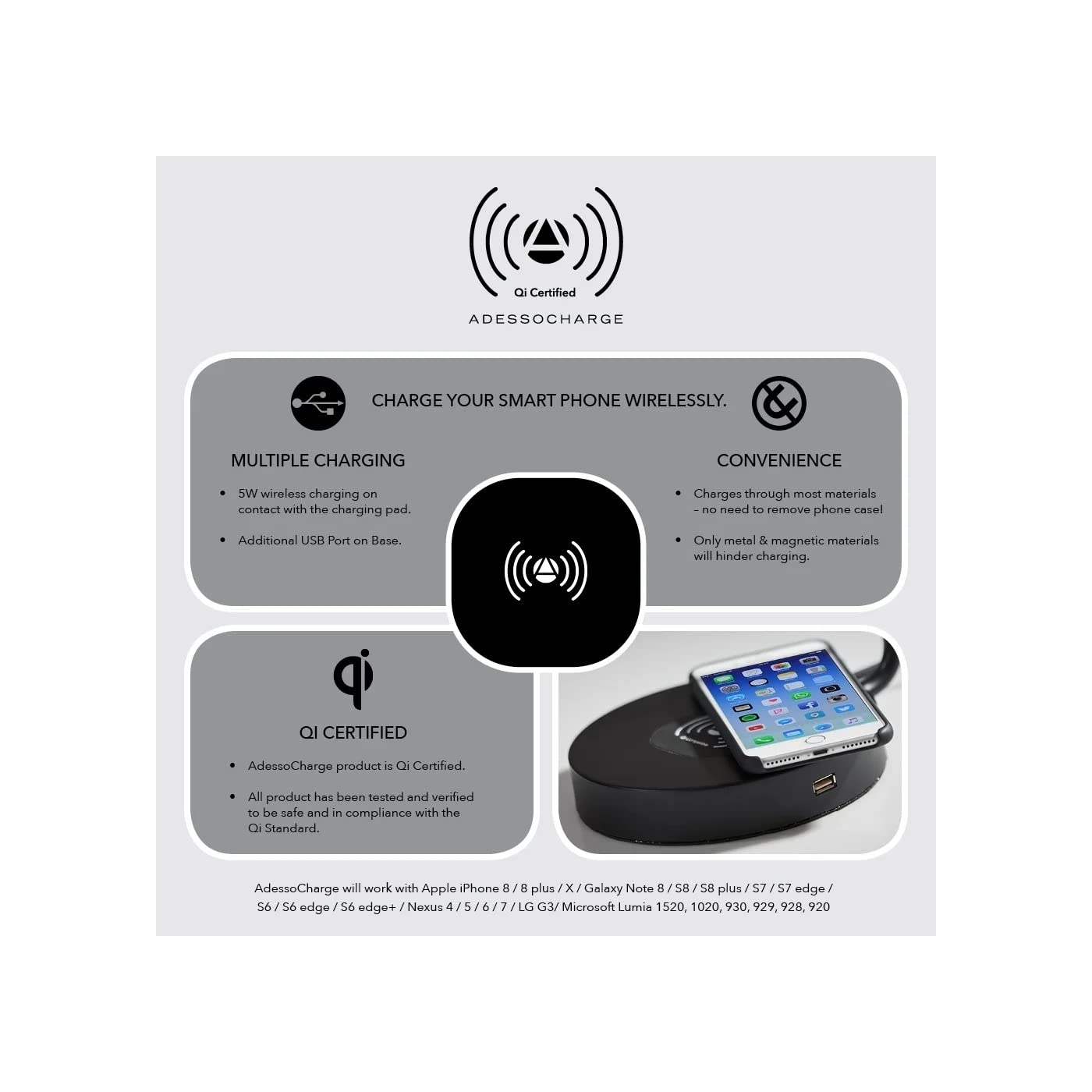 Adesso 4123-21 Austin Wireless Charging Table Lamp - 7W LED Light, 5W Qi Fast Charger with USB Port - Perfect for Bedroom, Office & Living Room Nightstand Lighting