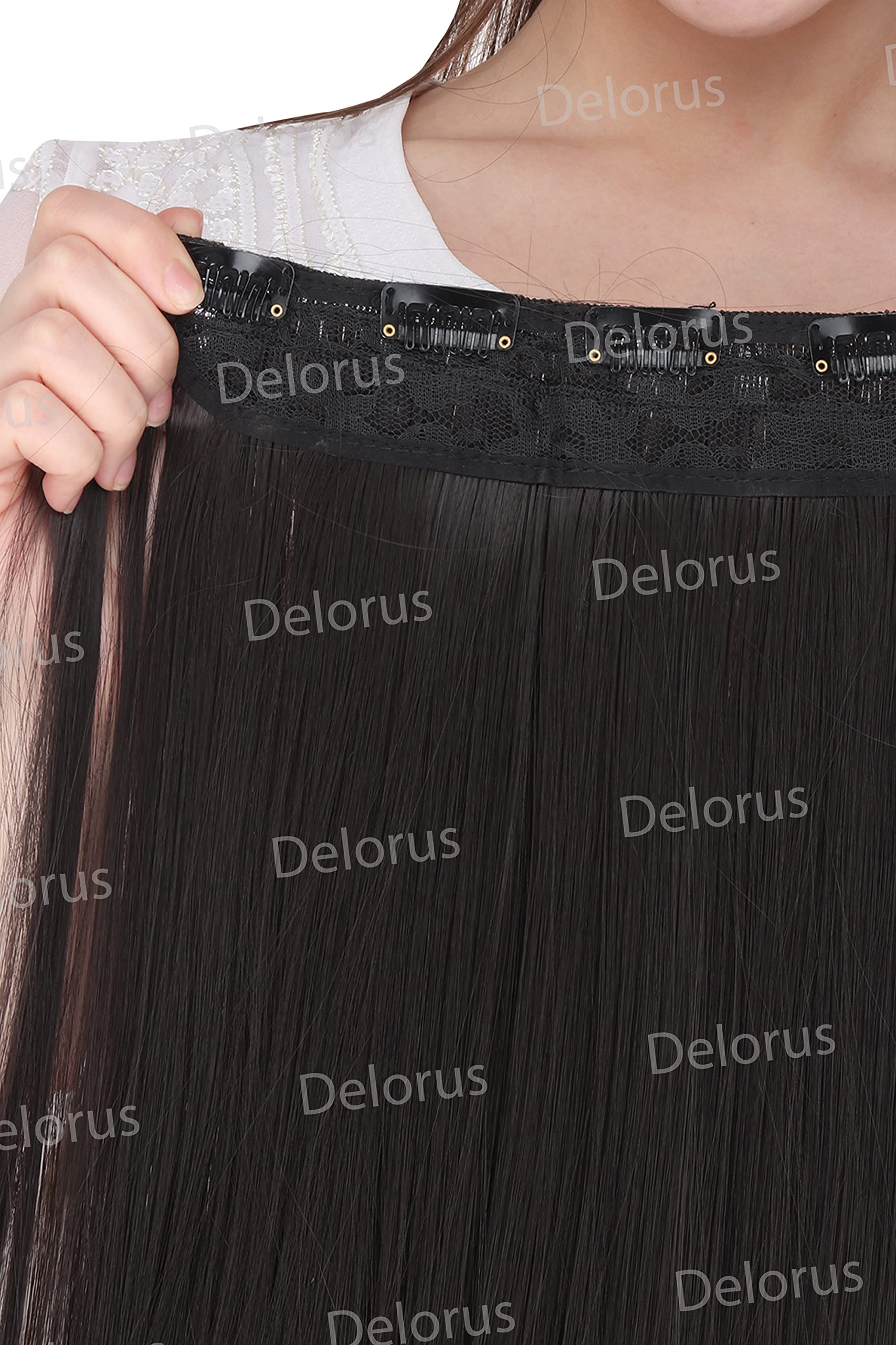 DELORUS 24 Inch Brown Clip In Hair Extensions - 5 Piece Set Thick Straight Human Hair for Women & Girls | Perfect for Volume, Length & Styling for Parties, Weddings & Daily Wear