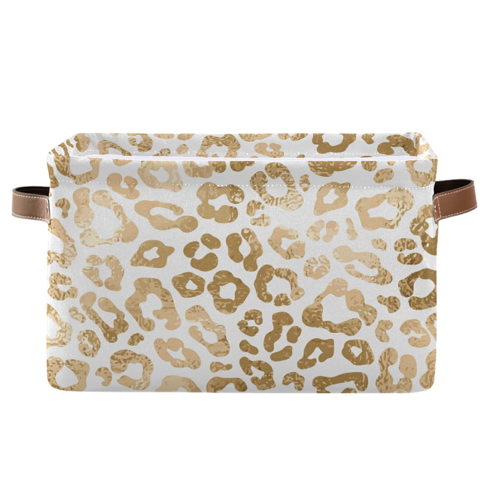 Golden Leopard Print Collapsible Storage Basket with Leather Handles - Rectangular Storage Bin for Kitchen Organization, Kids Toys & Home Decor | Perfect for Bedroom Closet, Bathroom & Playroom Storage Solutions