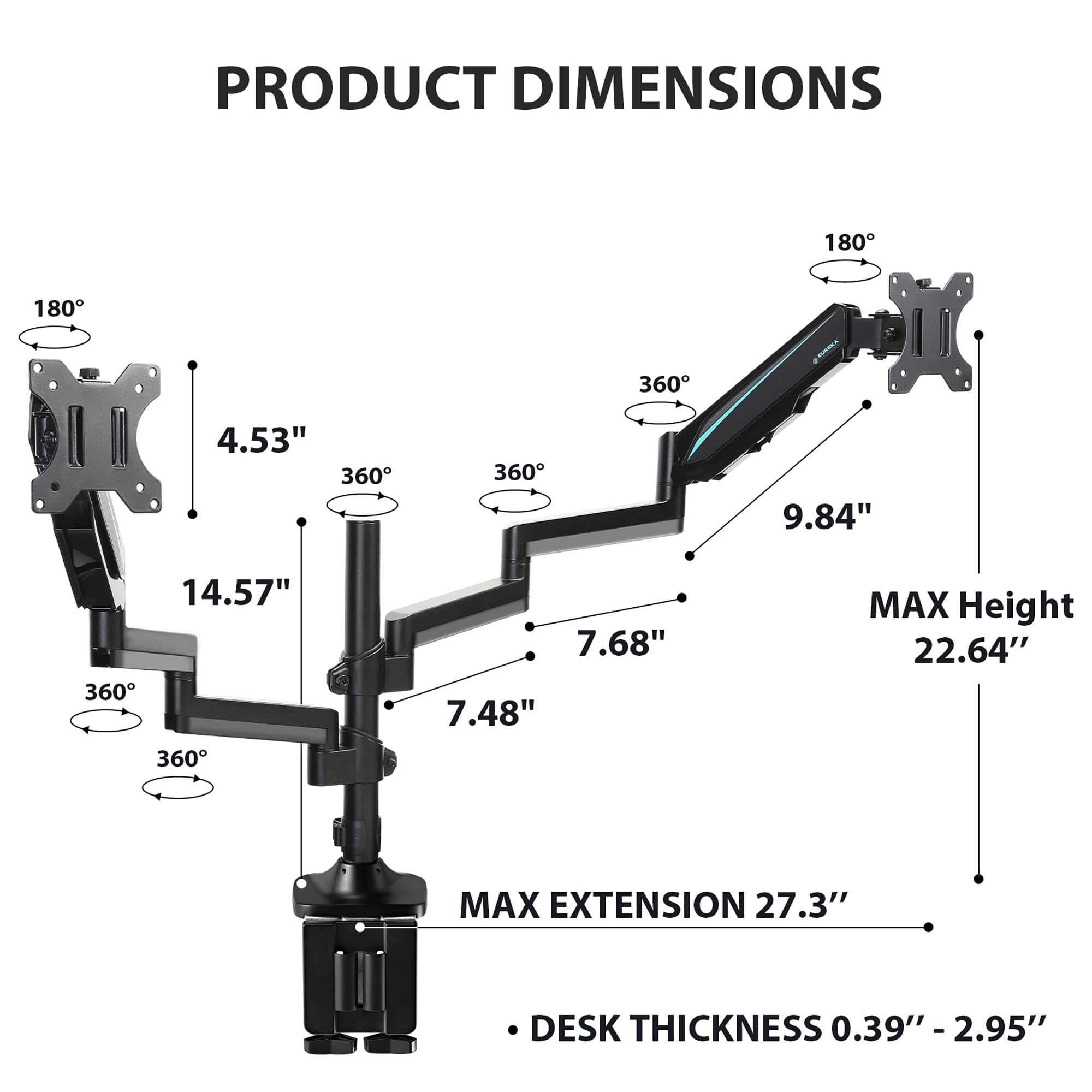 EUREKA ERGONOMIC Dual Monitor Stand - Adjustable Gas Spring Monitor Arm for 13-32 Inch Screens (Up to 17.6 lbs) with VESA 75x75/100x100mm - C Clamp & Grommet Base (Black) - Perfect for Home Office & Gaming Setup
