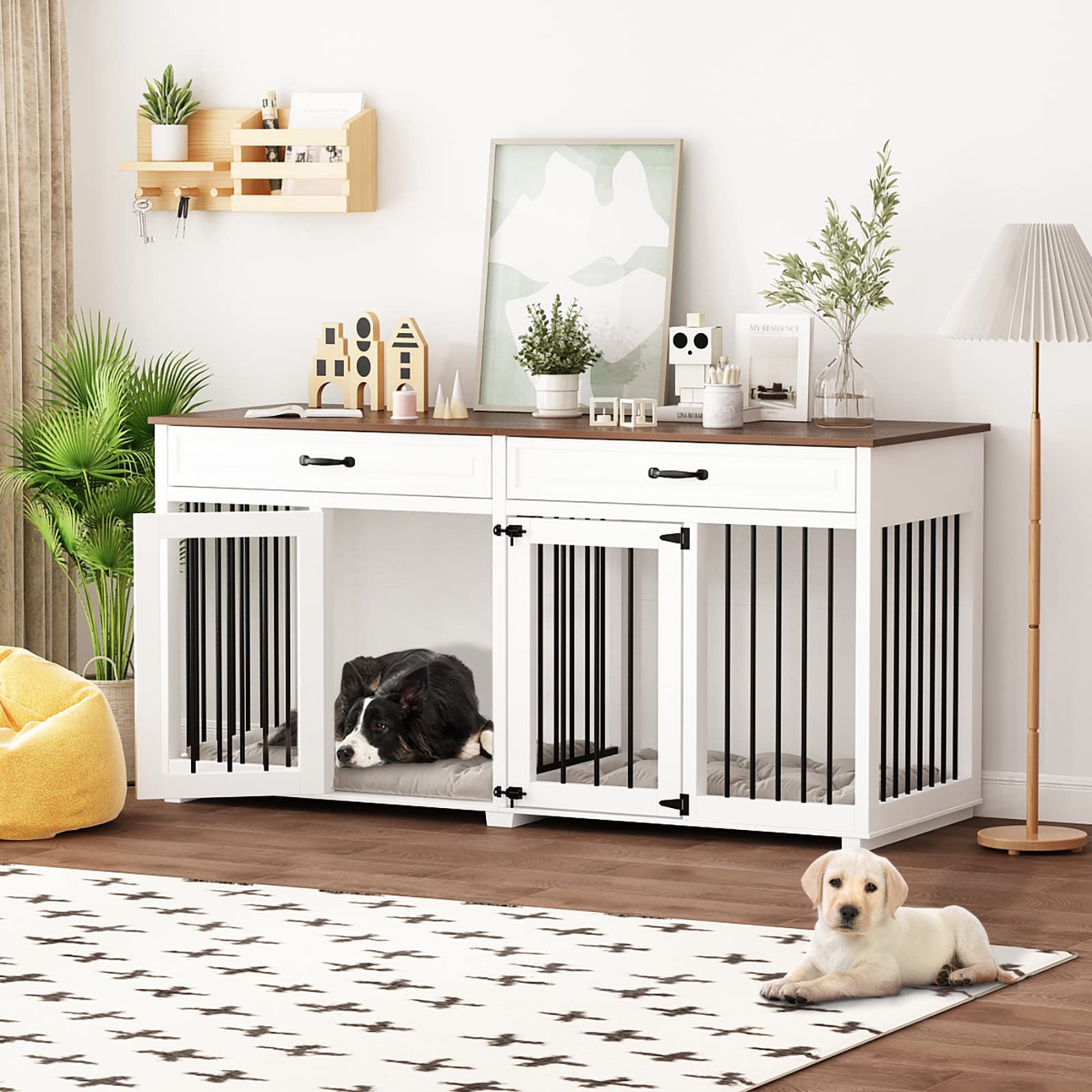64.6 Inch Heavy Duty Wooden Dog Crate - Furniture Style Indoor Kennel with Drawers & Divider, Double Room Dog House for Large Medium Small Dogs (White) - Perfect for Living Room, Bedroom & Home Decor