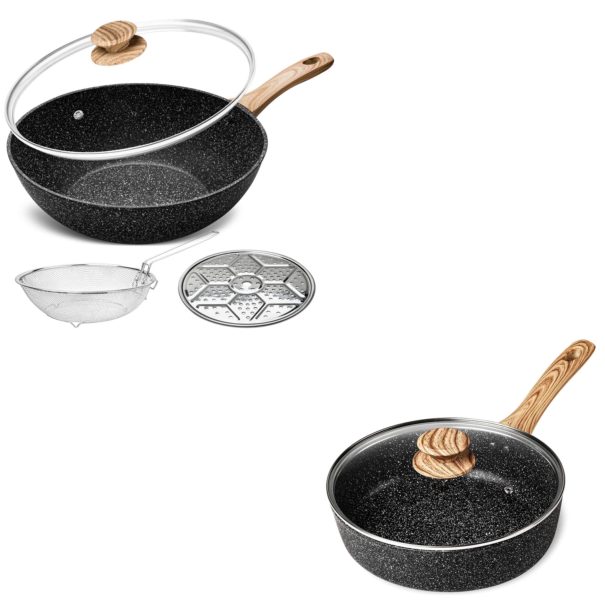Nonstick Wok Pan Set with Lid - 5 Quart Stir Fry Pan & 11 Inch Deep Skillet - Flat Bottom Carbon Steel Cookware for Gas, Electric & Induction Stoves - Includes Frying Basket & Steam Rack - Perfect for Asian Cooking, Stir Frying, Deep Frying & Steaming
