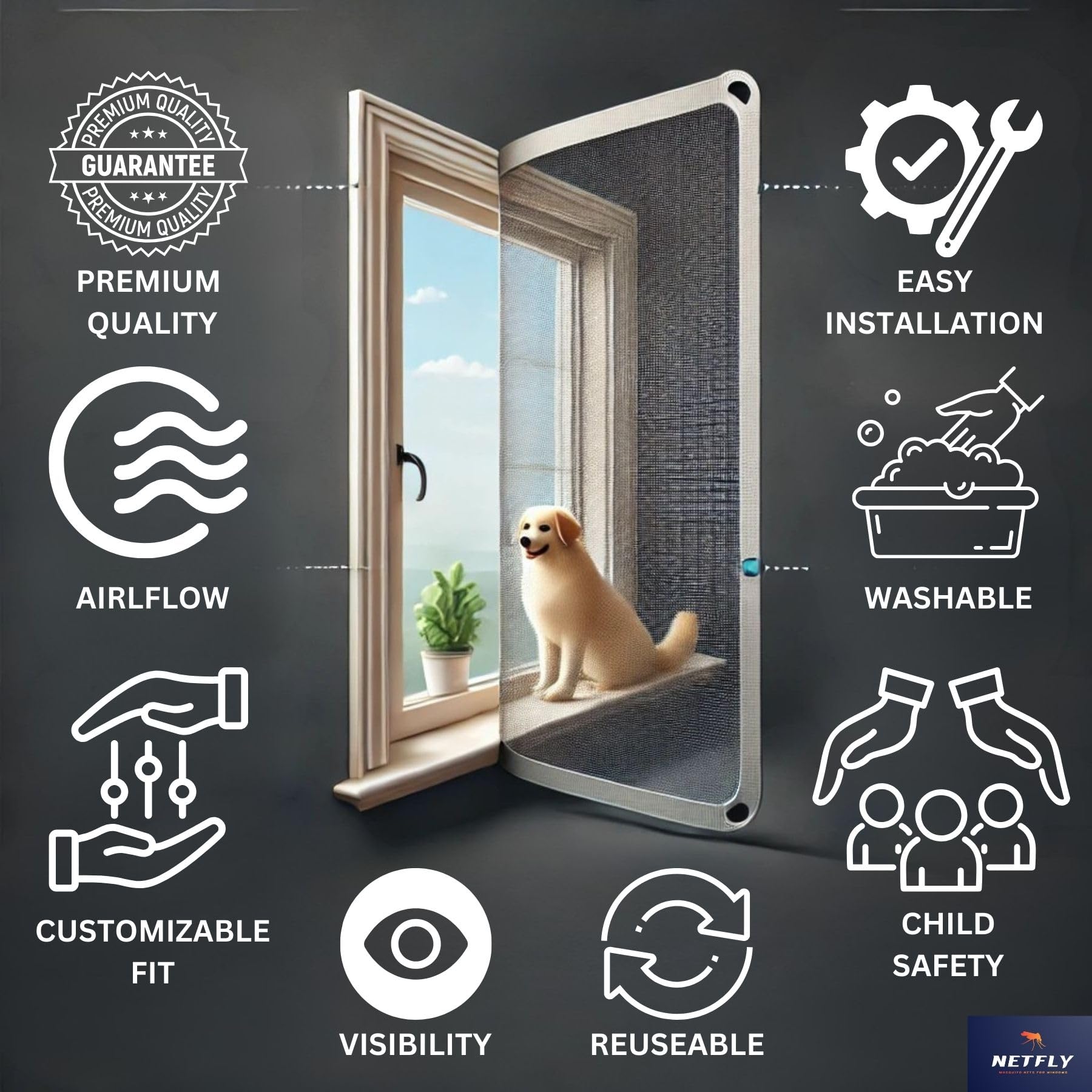 Netfly 120 GSM White Window Mosquito Net – Easy Install Polyester Mesh Insect Screen for Windows & Doors | Strong Adhesive Velcro | Washable & Reusable Bug Screen (4x5 FT) – Perfect for Bedrooms, Patios & Camping to Keep Mosquitoes Out
