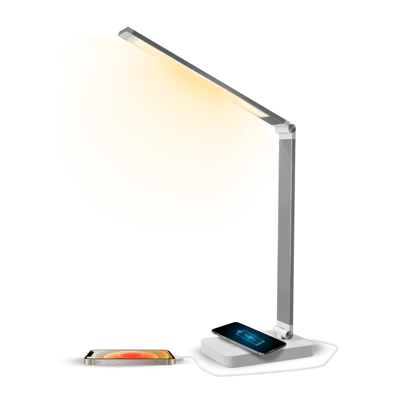 Foldable LED Desk Lamp with Wireless Charger & USB Port - 3 Adjustable Brightness Levels, Eye-Caring Table Light for Home Office, Bedroom, Study & Reading - Perfect for Night Work, Students & Remote Workers