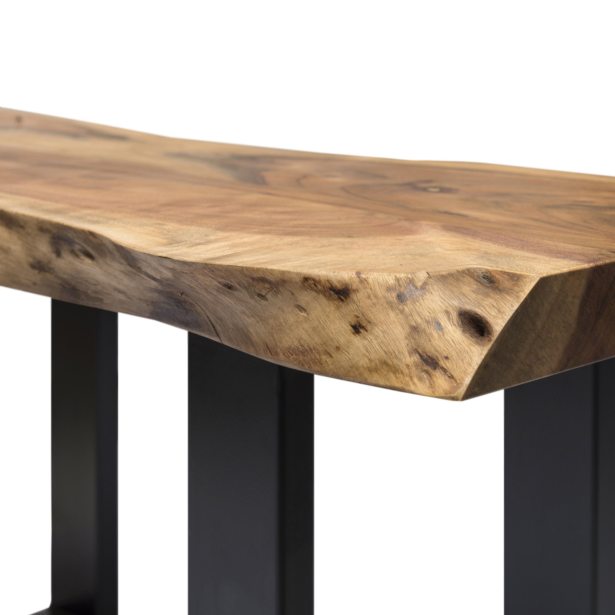 Alpine Natural Live Edge Acacia Wood 2-Shelf End Table with Black Metal Accents & Nylon Floor Protectors - Industrial Rustic Mixed Material Coffee Table for Living Room, Bedroom, or Office