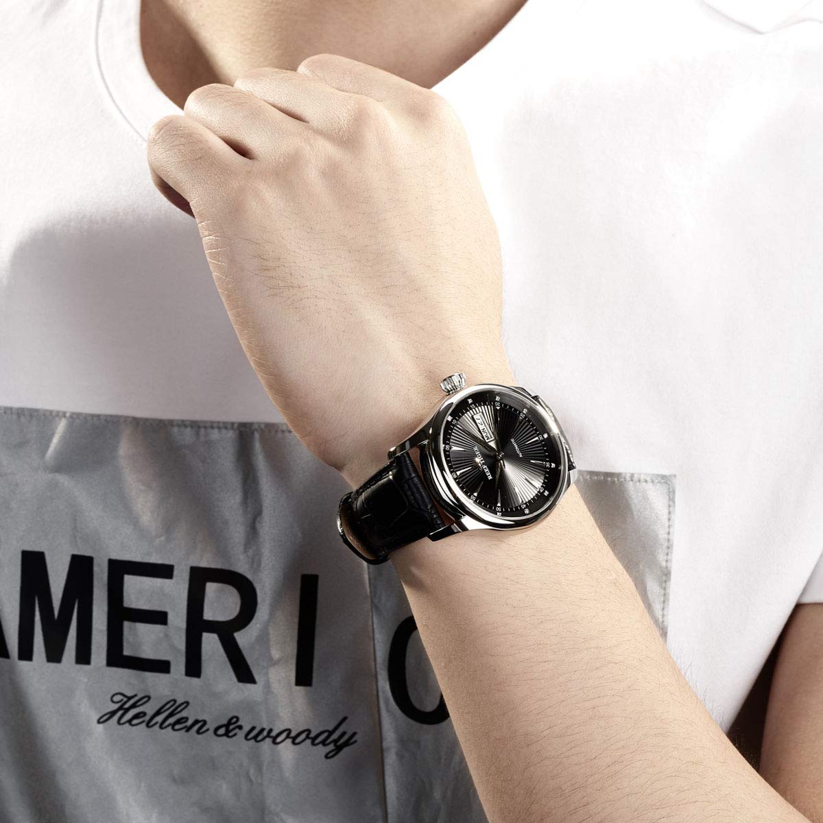 REEF TIGER Men's Automatic Dress Watch with Genuine Leather Strap - Day Date Display Waterproof Stainless Steel Watch RGA8232 | Perfect for Business, Formal Events & Everyday Wear