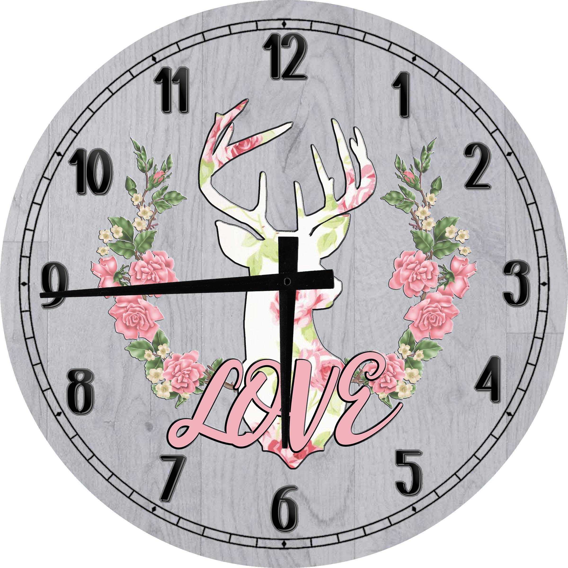 Boho Wall Art - Large 18 Inch Round Wood Wall Clock with Deer, Flower & Reef Design in Gray - Perfect for Living Room, Bedroom & Boho Home Decor