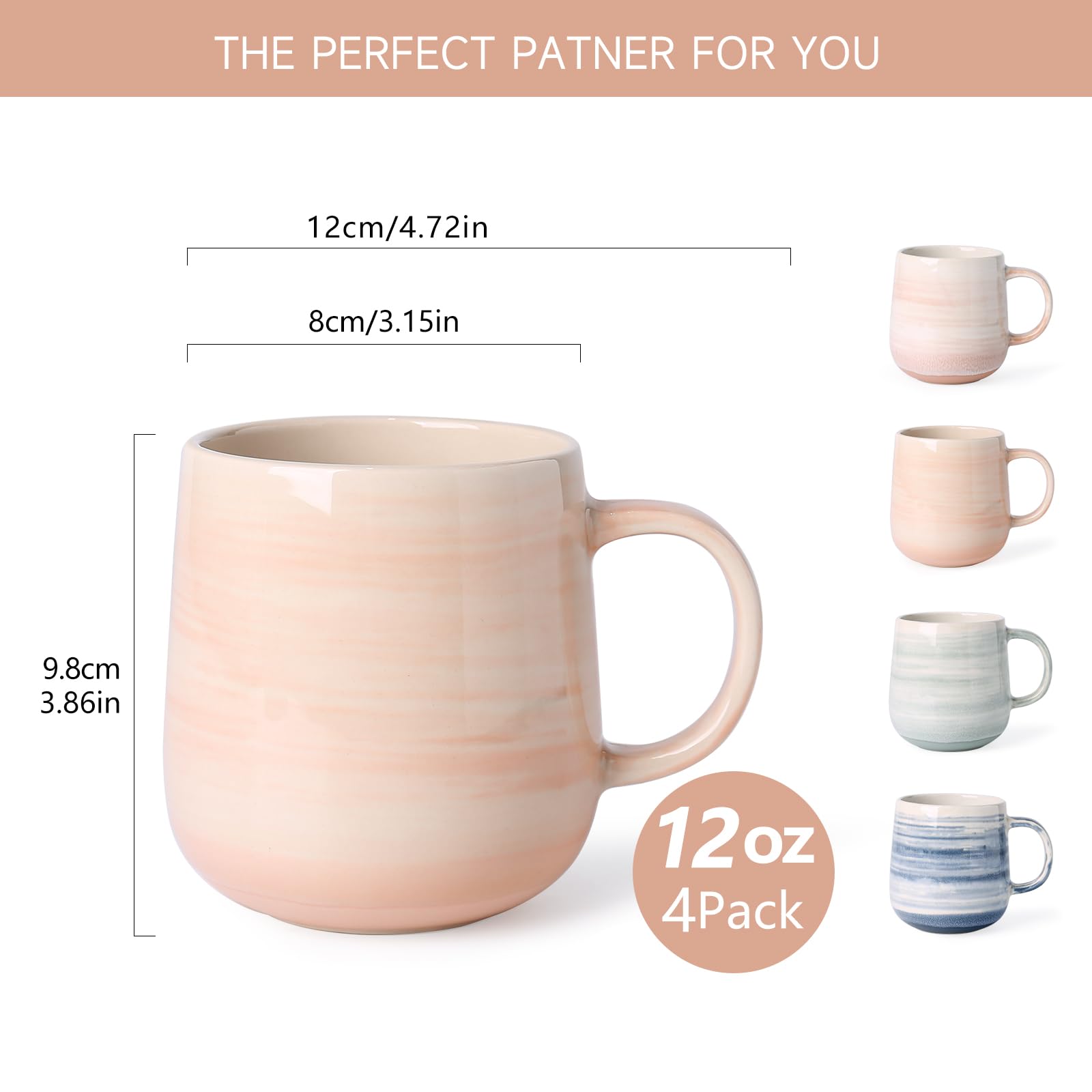 4-Pack 12oz Ceramic Coffee Mugs with Large Handles - Perfect for Coffee, Tea & Cocoa at Home