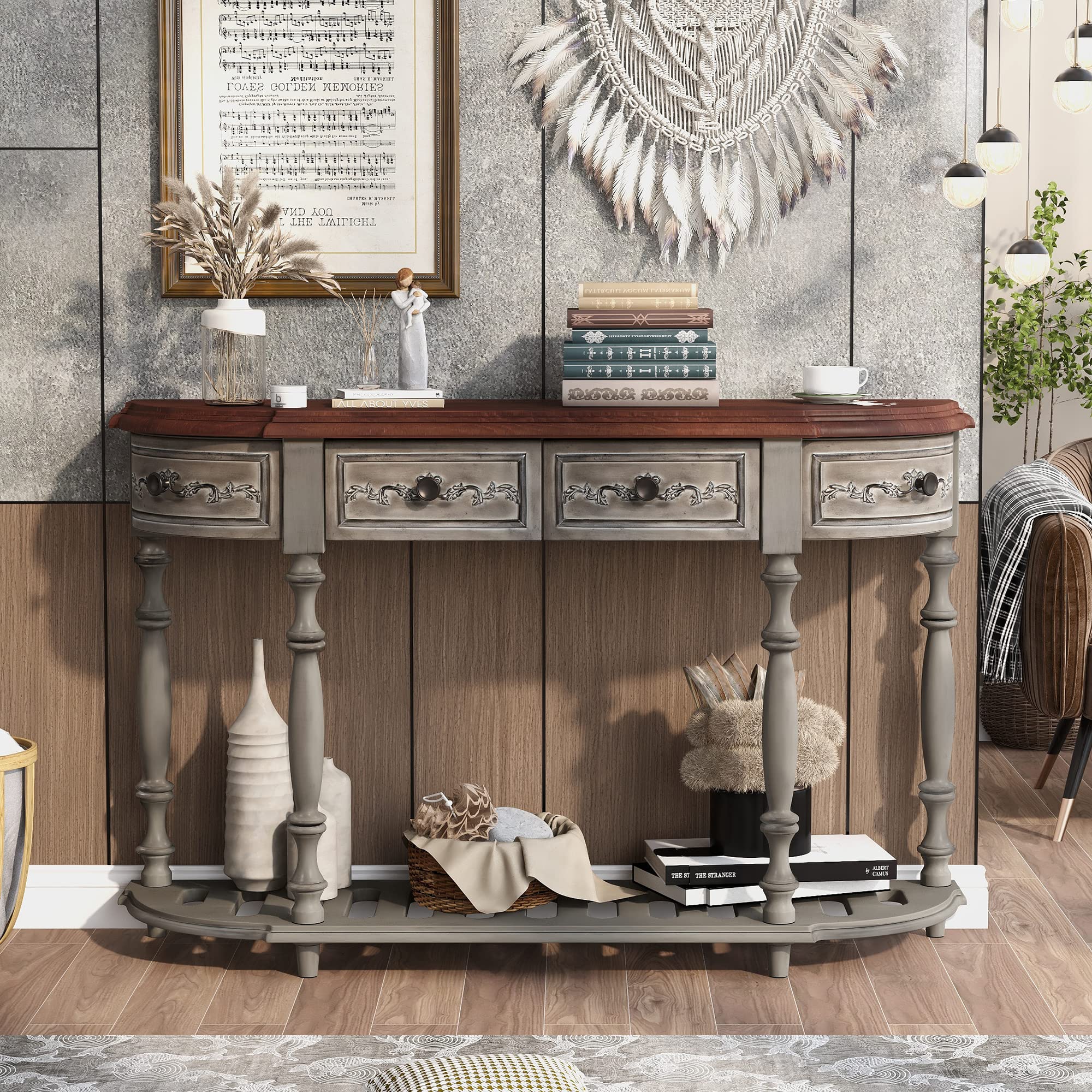 LUMISOL French Console Table - Antique Gray Entryway Sofa Table with 4 Drawers & Bottom Shelf, Elegant Curved Design for Hallway, Living Room & Bedroom Decor