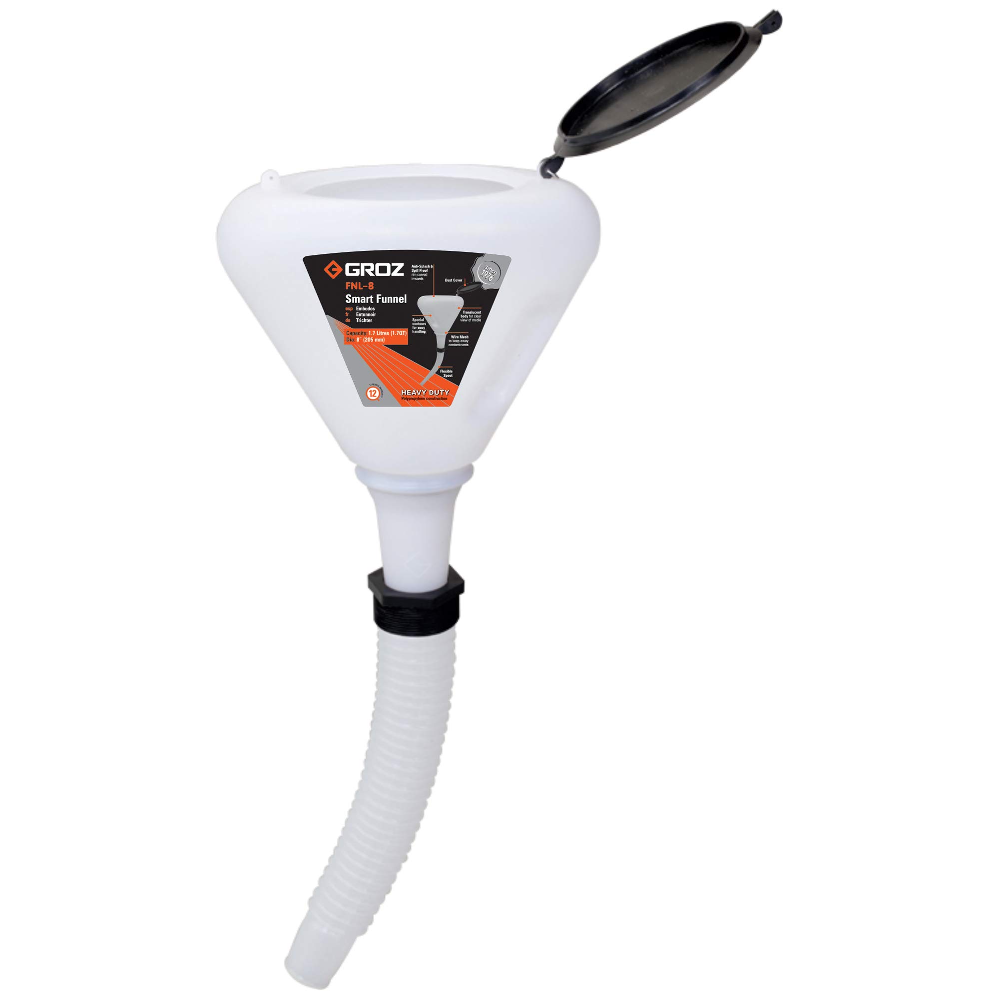 Groz Smart Funnel for Gasoline, Diesel, Kerosene | V-Shaped Funnel with Mesh Filter | Leak-Proof Cap & Flexible Spout | 1.7 Liter Capacity (0.45 Gallon) | Ideal for Cars, Motorcycles, Lawn Mowers & Home Fuel Storage