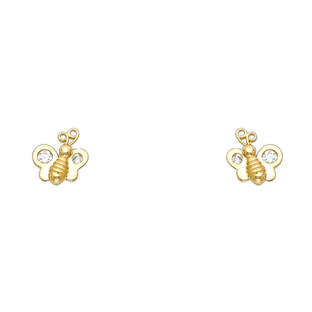 14K Yellow Gold Bee Stud Earrings for Women - Cubic Zirconia CZ Screw Back Earrings - Perfect for Everyday Wear, Gift Giving & Special Occasions