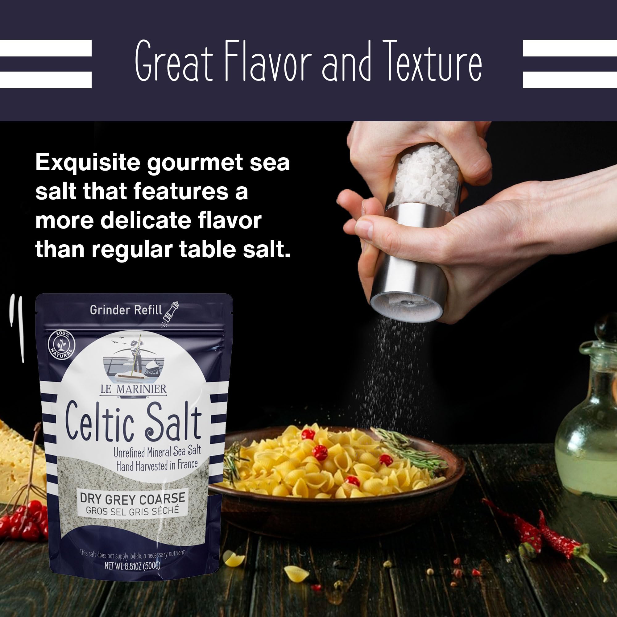 Organic Celtic Grey Sea Salt - 1.1lb Coarse Unrefined French Sel Gris | Mineral Rich, Hand-Harvested Natural Sea Salt for Grinder Refill | Perfect for Cooking, Seasoning & Gourmet Dishes