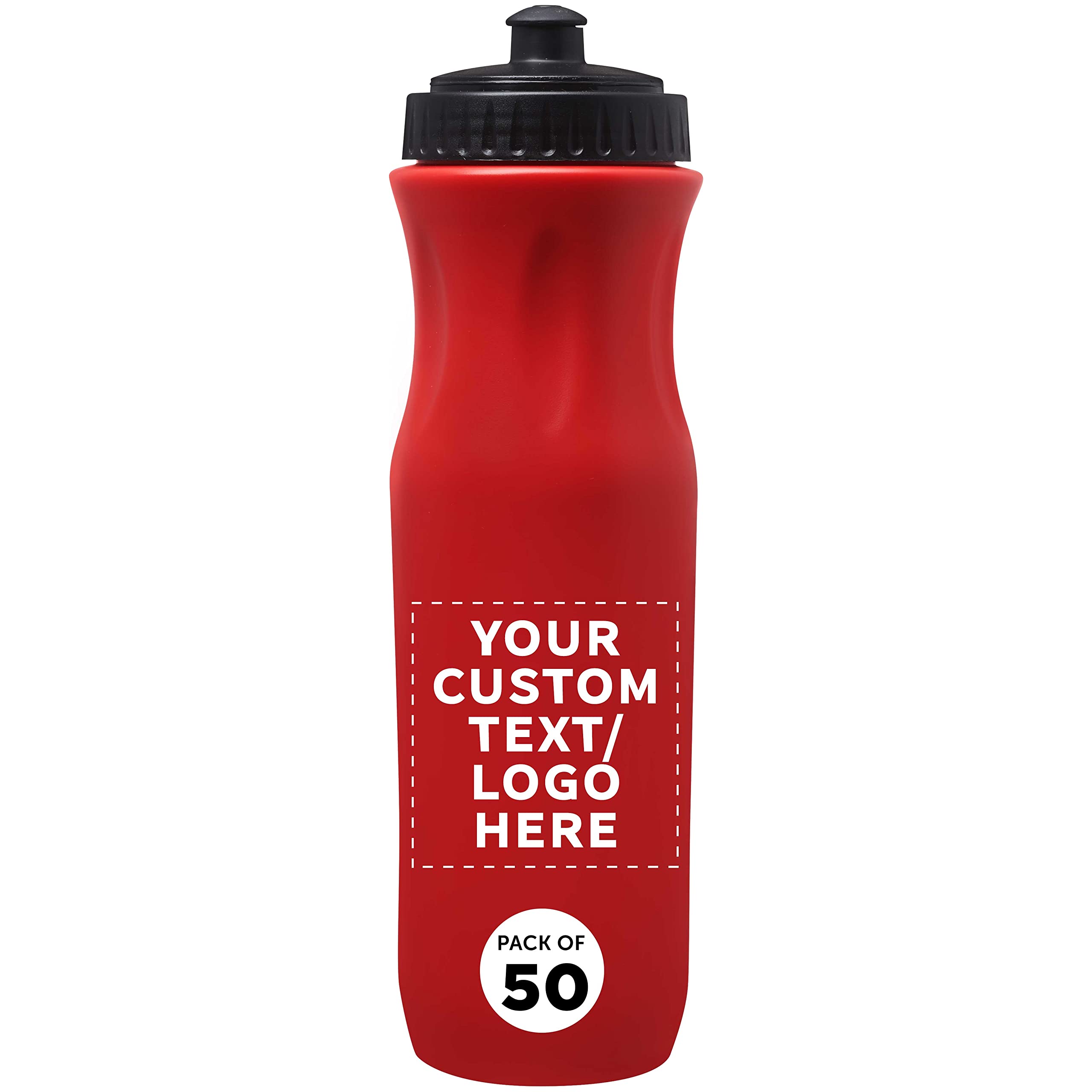 50 Pack 26oz Customizable Plastic Water Bottles with Black Push Top Lid - Bulk Water Bottles for Sports, Gym, School & Outdoor Activities - Red Color (Logo/Text Printing Available)