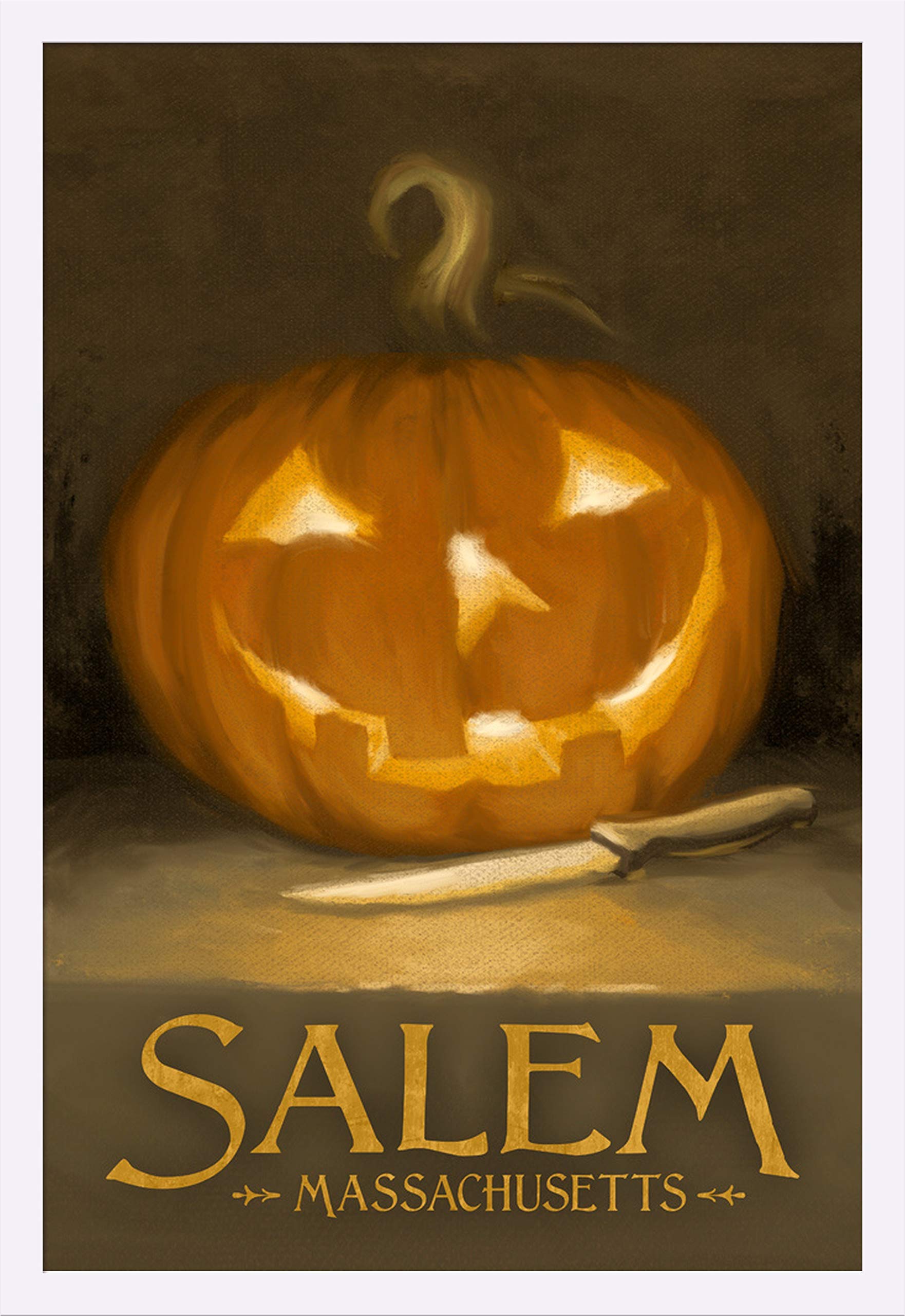 Salem Massachusetts Jack-O-Lantern Halloween Oil Painting - 24x36 Giclee Art Print, Gallery Framed in White Wood - Perfect for Spooky Home Decor, Haunted House Themes & Witchy Aesthetic