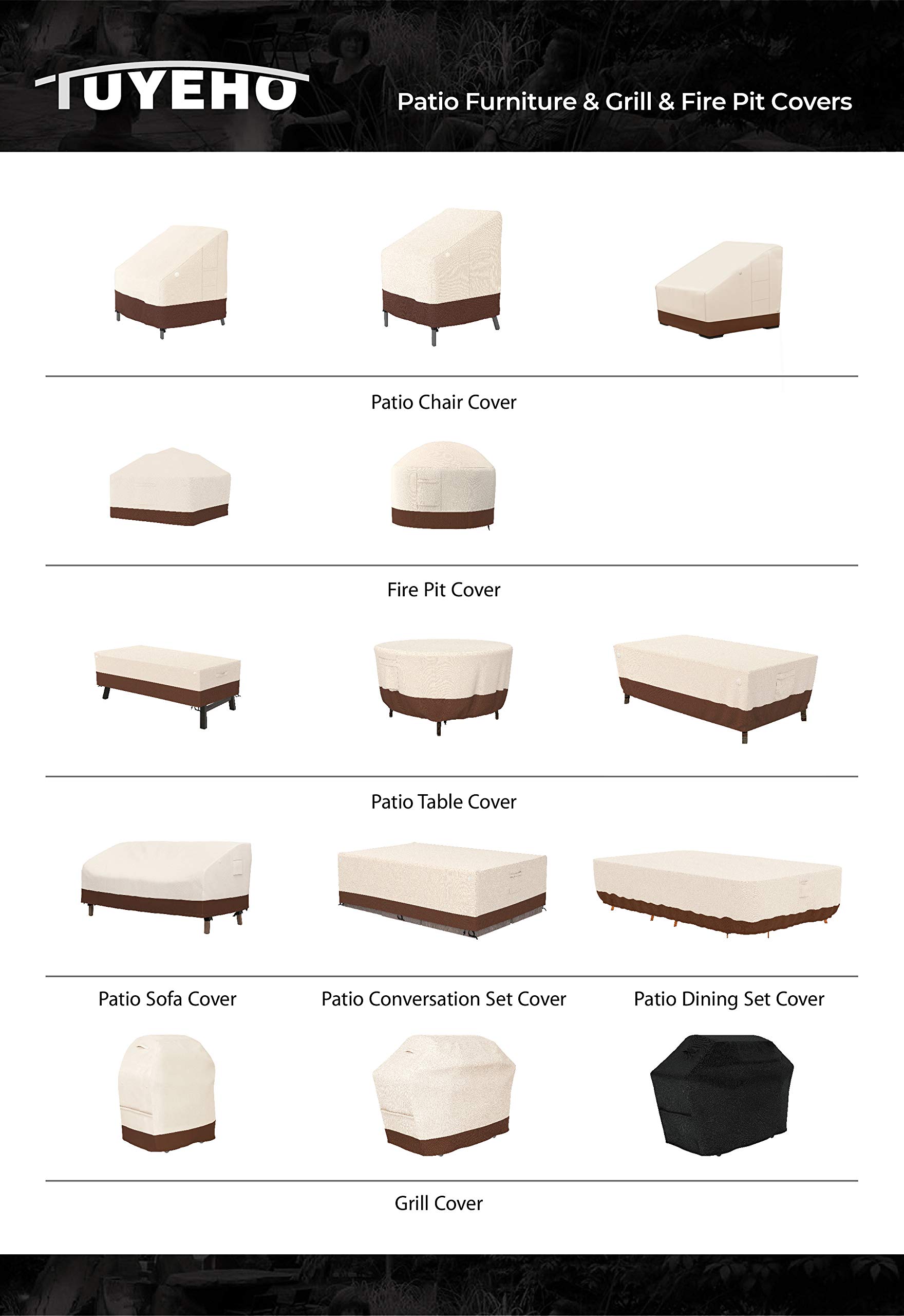 Tuyeho 600D Heavy Duty Waterproof Patio Furniture Covers - Round Table Cover & Outdoor Stackable Chair Covers Set, Weather Resistant Garden Furniture Protector for All Seasons (Beige & Brown) | Perfect for Backyard, Deck, Poolside & Outdoor Dining Areas