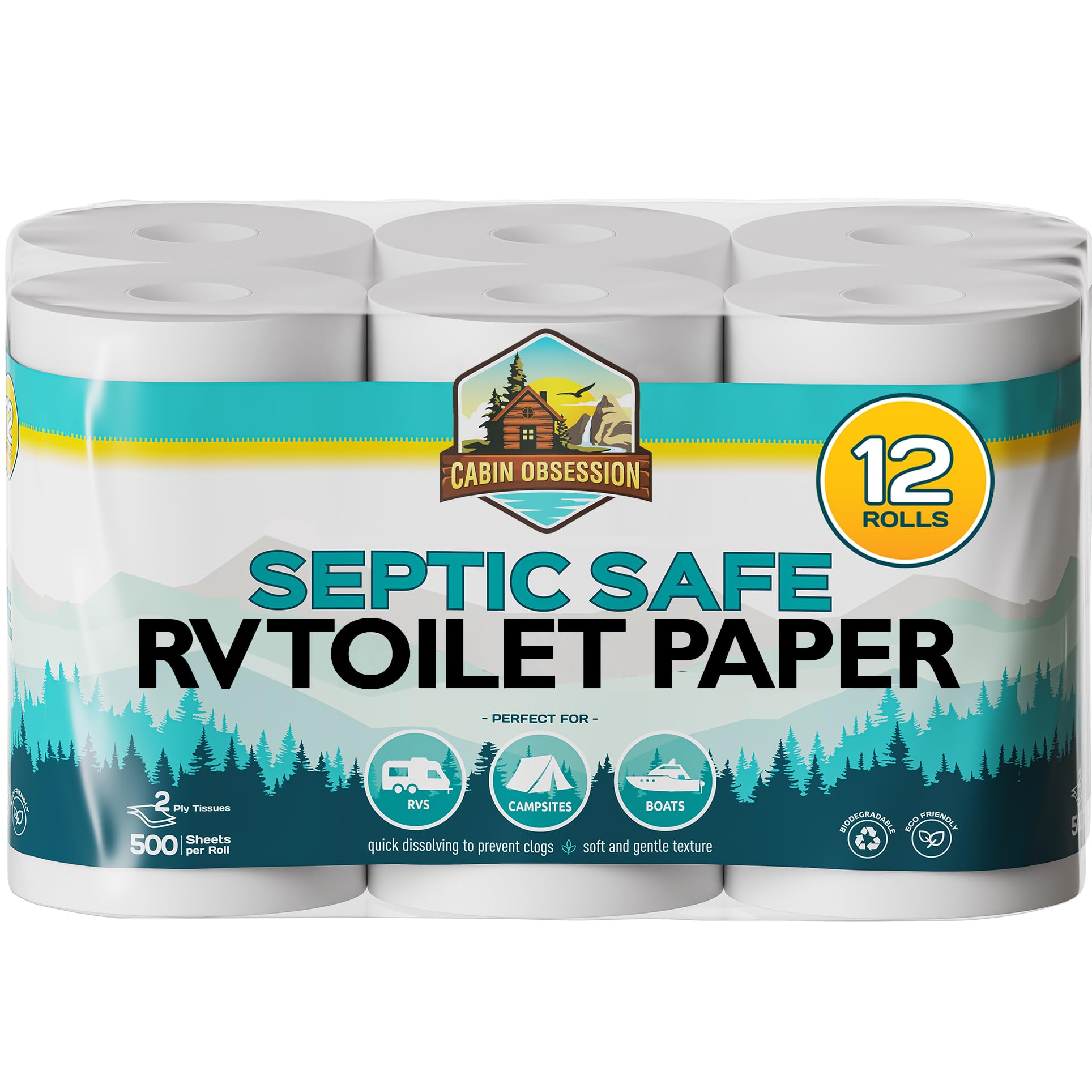 **Septic Safe RV Toilet Paper - 12 Pack Quick Dissolving 2-Ply Camper Toilet Paper for RVs, Boats & Camping | Prevents Clogs in Septic Tanks & Marine Toilets | Ideal for Road Trips & Outdoor Adventures**