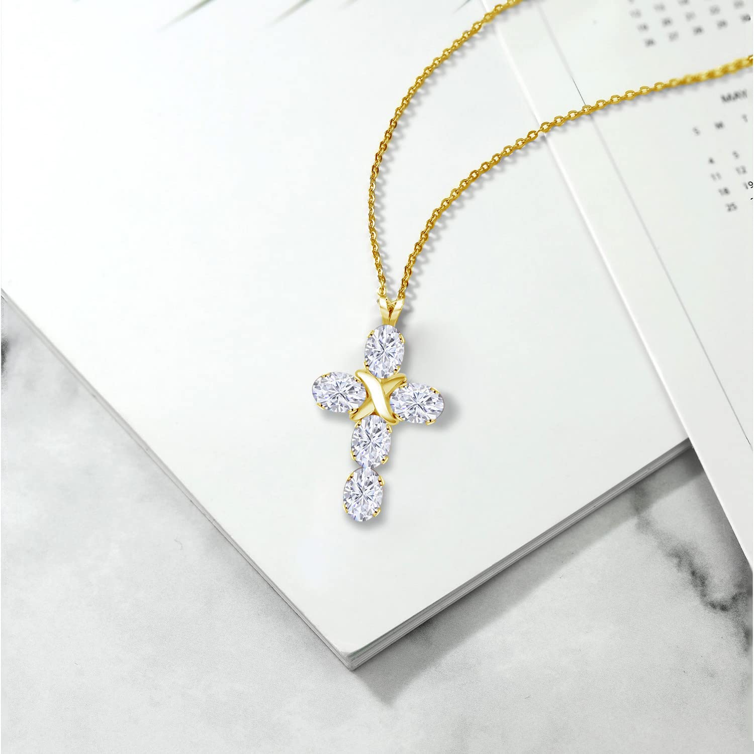 Gem Stone King 6X4MM Oval Birthstone Cross Necklace for Women - 18K Yellow Gold Plated Silver Christian Crucifix Pendant with 18 Inch Chain | Religious Jewelry Gift for Baptism, Confirmation & Daily Wear