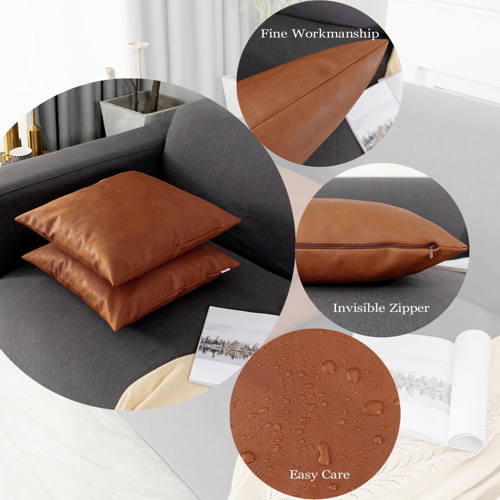 2 Pack Thick Faux Leather Throw Pillow Covers 20x20 Inches - Modern Solid Decorative Farmhouse Pillow Cases for Couch, Sofa, Bedroom & Living Room - Cognac Brown - Perfect for Home Decor, Accent Pillows & Cozy Interior Styling