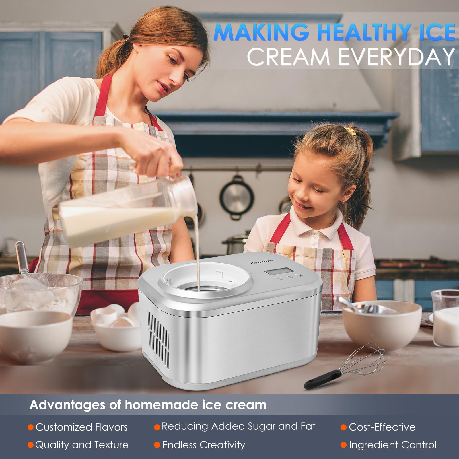 Homtone 1 Quart Automatic Ice Cream Maker with Built-in Compressor & LCD Timer - Make Ice Cream, Gelato, Frozen Yogurt in 30-60 Minutes | No Pre-Freezing Needed | Perfect for Home Kitchens, Parties & Dessert Shops
