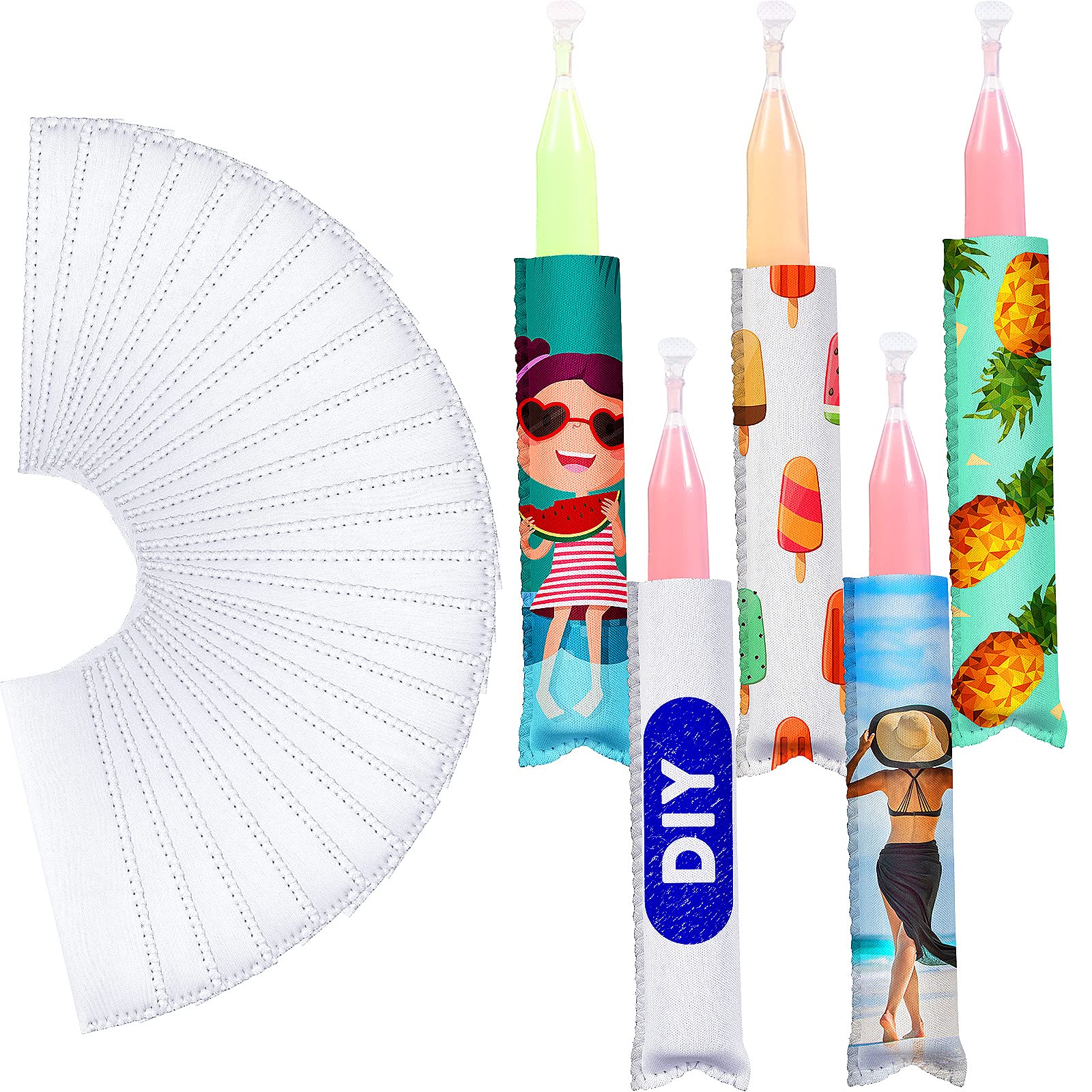 50-Pack White Sublimation Blank Ice Lolly Sleeves - Reusable Neoprene Insulator Sleeves for Kids - Washable Ice Holder Bags for Summer Treats, Parties & Outdoor Activities