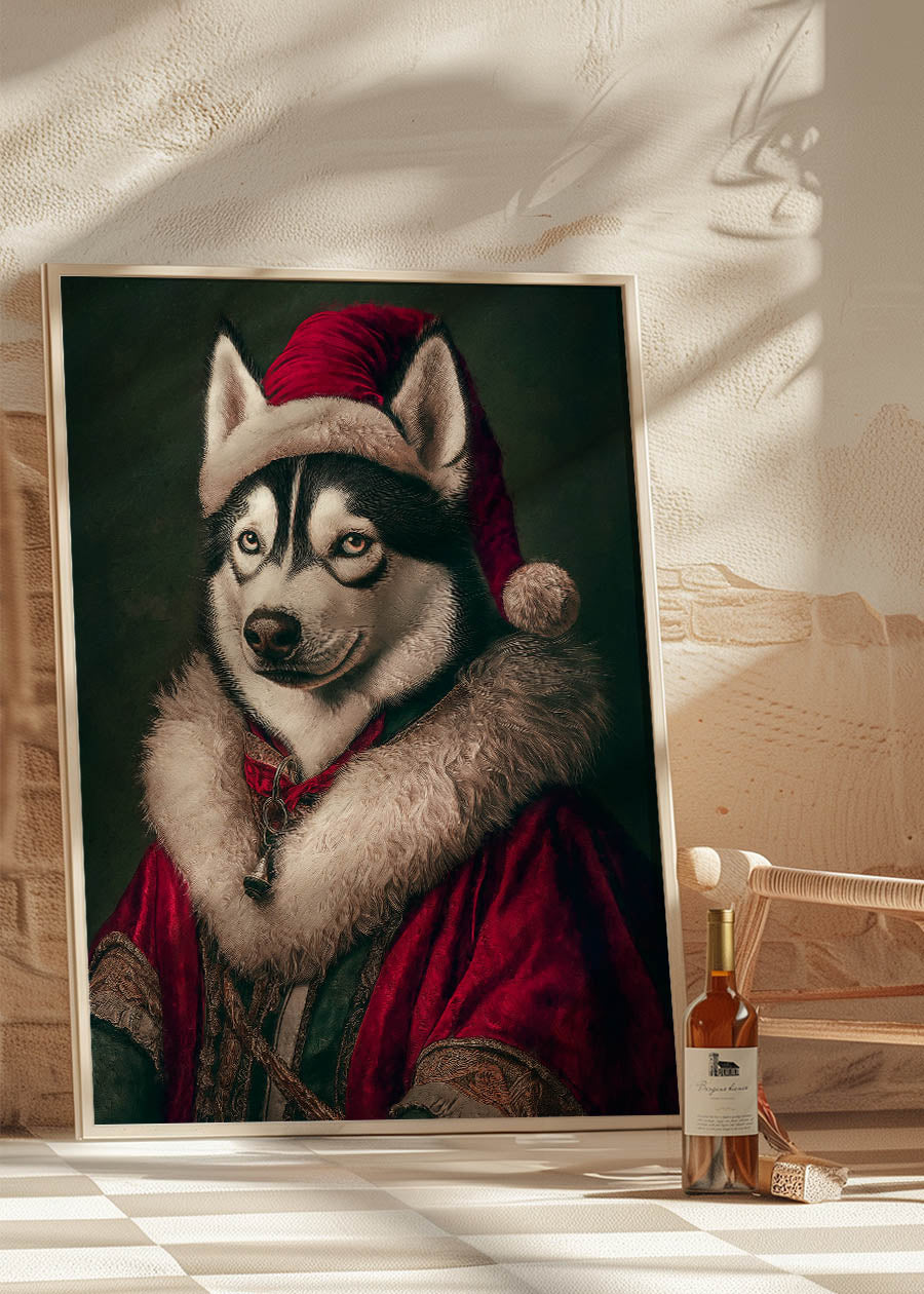 Christmas Husky Animal Portrait Print - Festive Holiday Dog Wall Art Decor for Living Room, Bedroom & Office