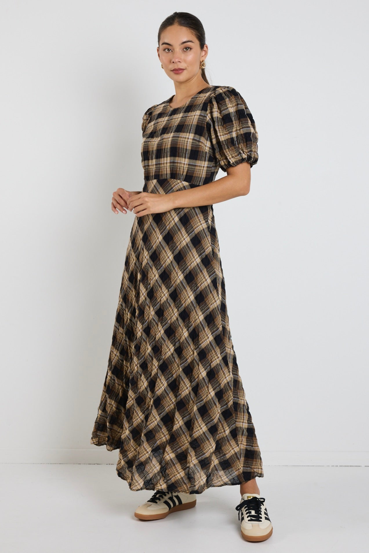 Encore Caramel Check SS Bias Maxi Dress - Flowy Summer Dress for Women, Elegant A-Line Long Dress with Side Slit, Perfect for Beach, Vacation, and Casual Outings
