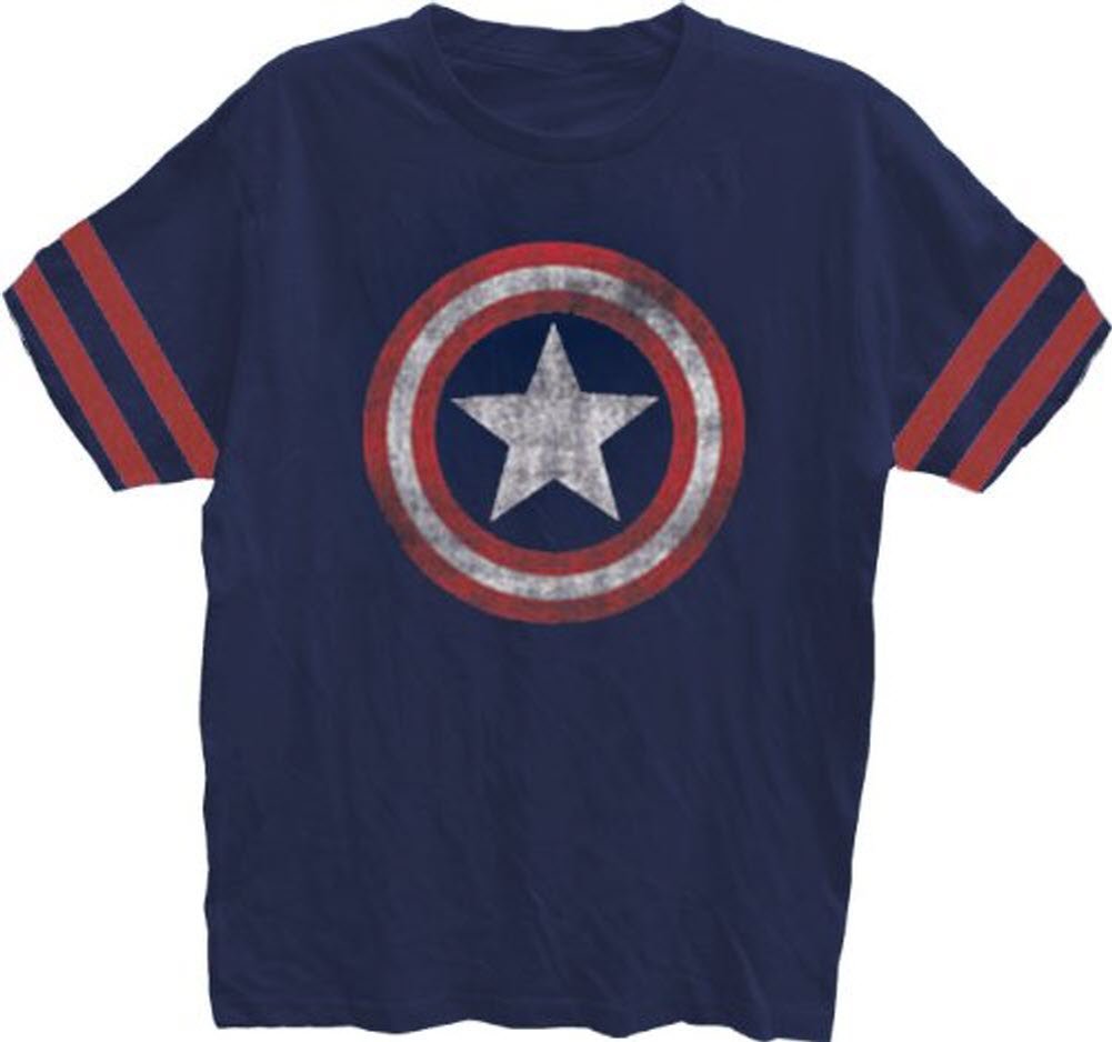 Captain America Distressed Shield Navy Striped Sleeves Men's T-Shirt | Marvel Superhero Graphic Tee | Casual Wear & Cosplay Outfit