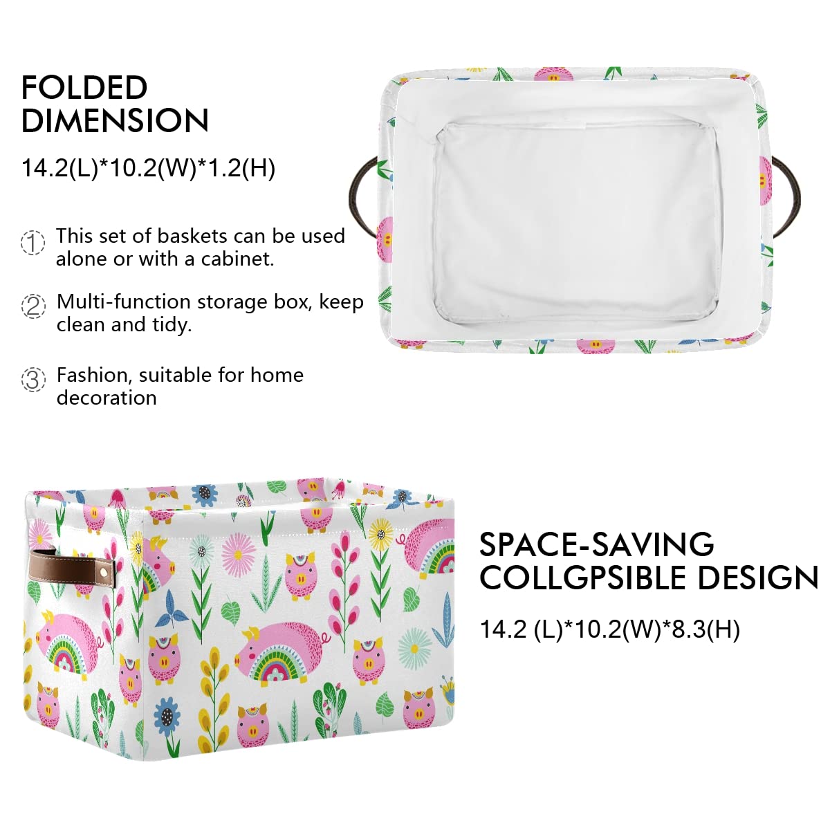 Stylized Pigs & Flowers Foldable Fabric Storage Bins - Large Capacity Closet Organizers with Reinforced Handles (2-Pack) - Perfect for Bedroom, Closet, Nursery & Kids Room Organization