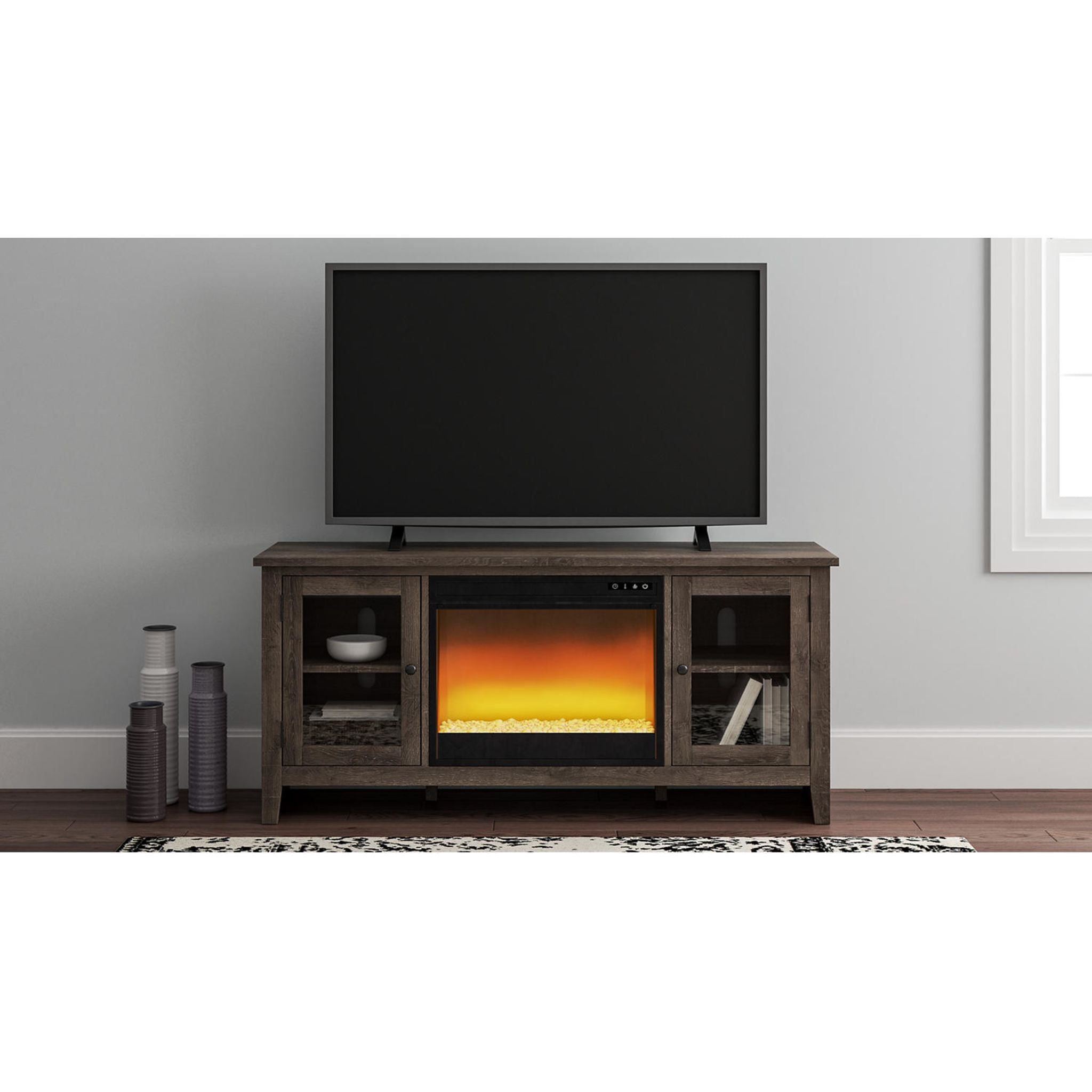 Arlenbry Gray Fireplace Credenza - Modern TV Stand with Electric Fireplace for Living Room, Bedroom & Office