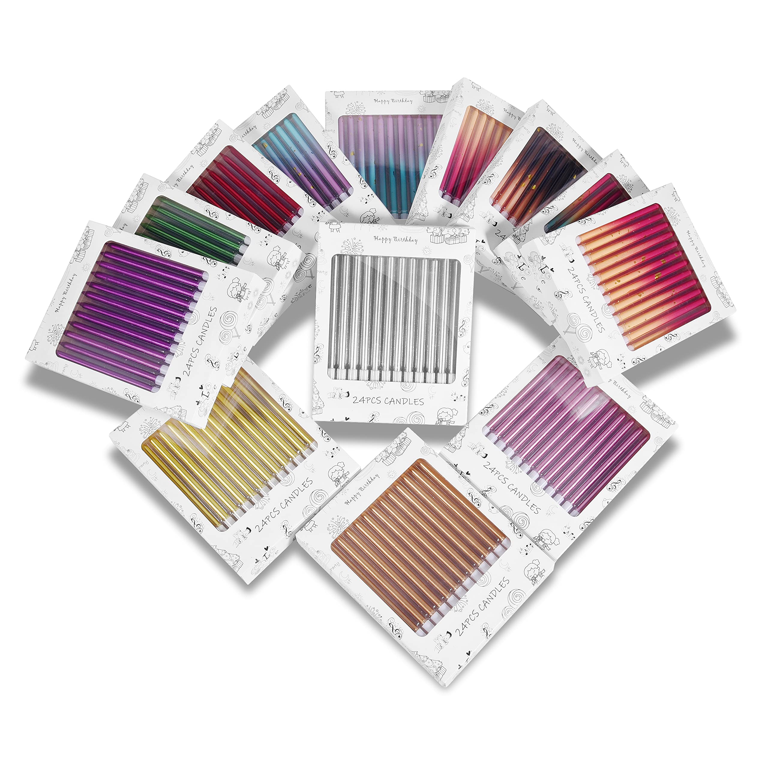 Gradient Birthday Cake Candles with Gold Glitter - 24pcs for Kids Parties