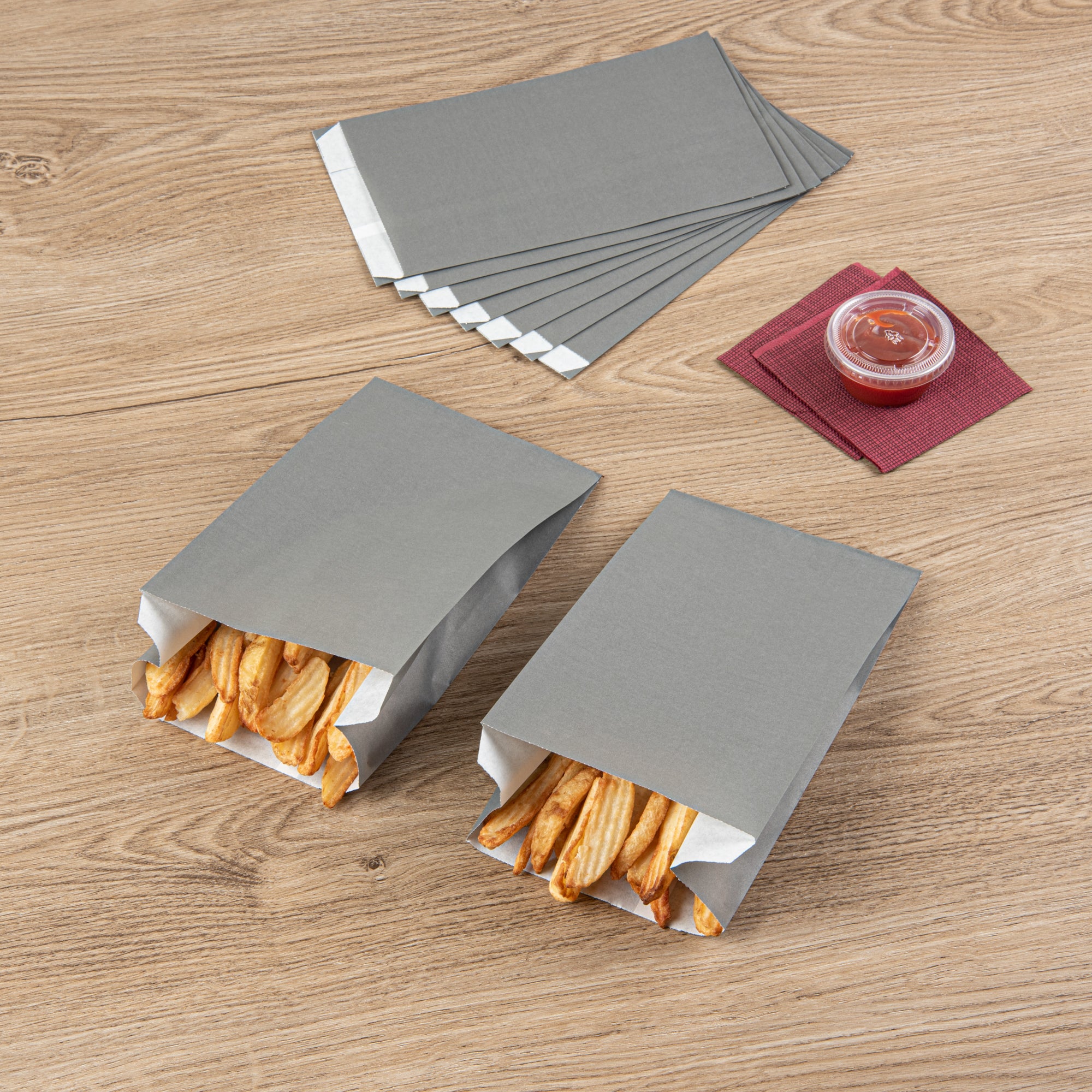 Eco-Friendly Gray Paper French Fry & Snack Bags - 5 x 3 x 8 3/4 Inches (100 Count) - Perfect for Restaurants, Food Trucks & Party Snacks