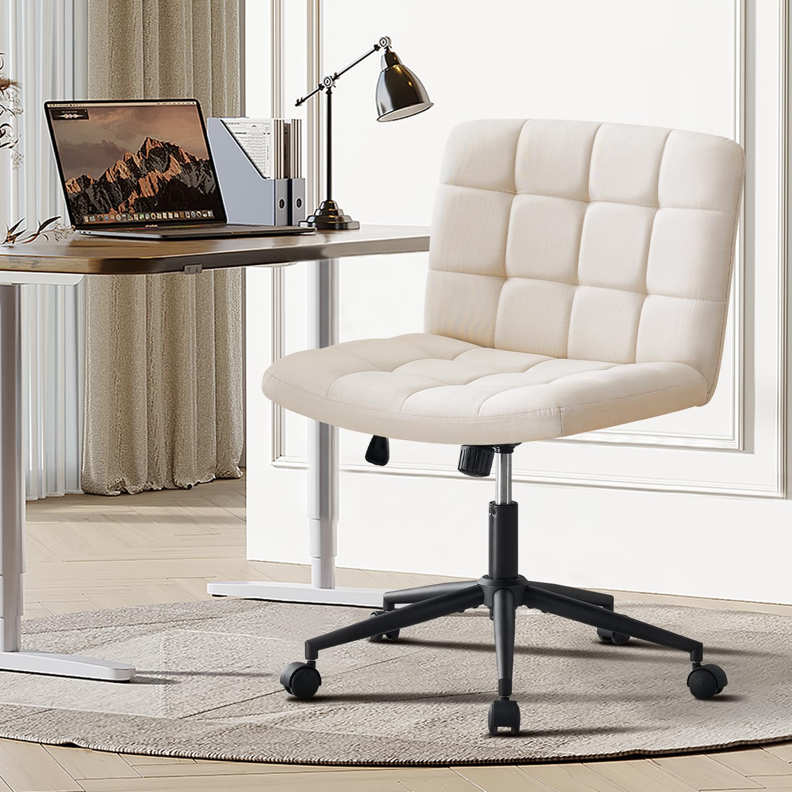 Furnimart Swivel Criss Cross Legged Office Chair with Wheels - Adjustable Height Armless Desk Chair for Home Office, Vanity & Bedroom - Comfortable Beige Seat for Working, Studying & Relaxing