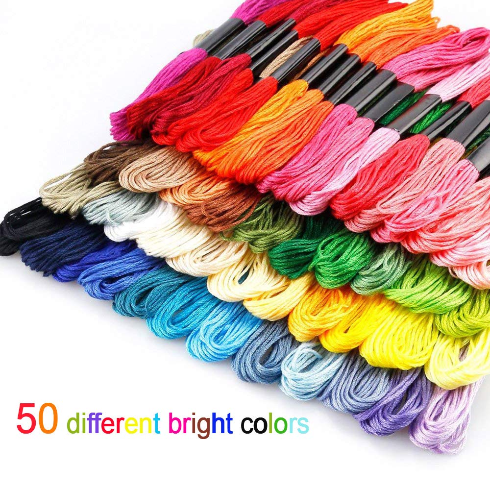 AUERVO 50 Skeins Embroidery Thread Kit - Rainbow Color Cross Stitch Floss for Friendship Bracelets, DIY Crafts with Free Needles & Bobbins | Perfect for Hand Embroidery, Sewing Projects, and Creative Gift Making
