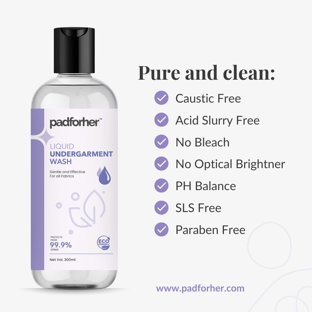 Padforher Liquid Undergarment Wash 300ml - Tea Tree Oil Antibacterial Formula for Delicate Fabrics | Gentle Skin-Friendly & Eco-Friendly Lingerie Cleaner | Kills 99.9% Germs | Perfect for Daily Intimate Wear Care & Travel Hygiene