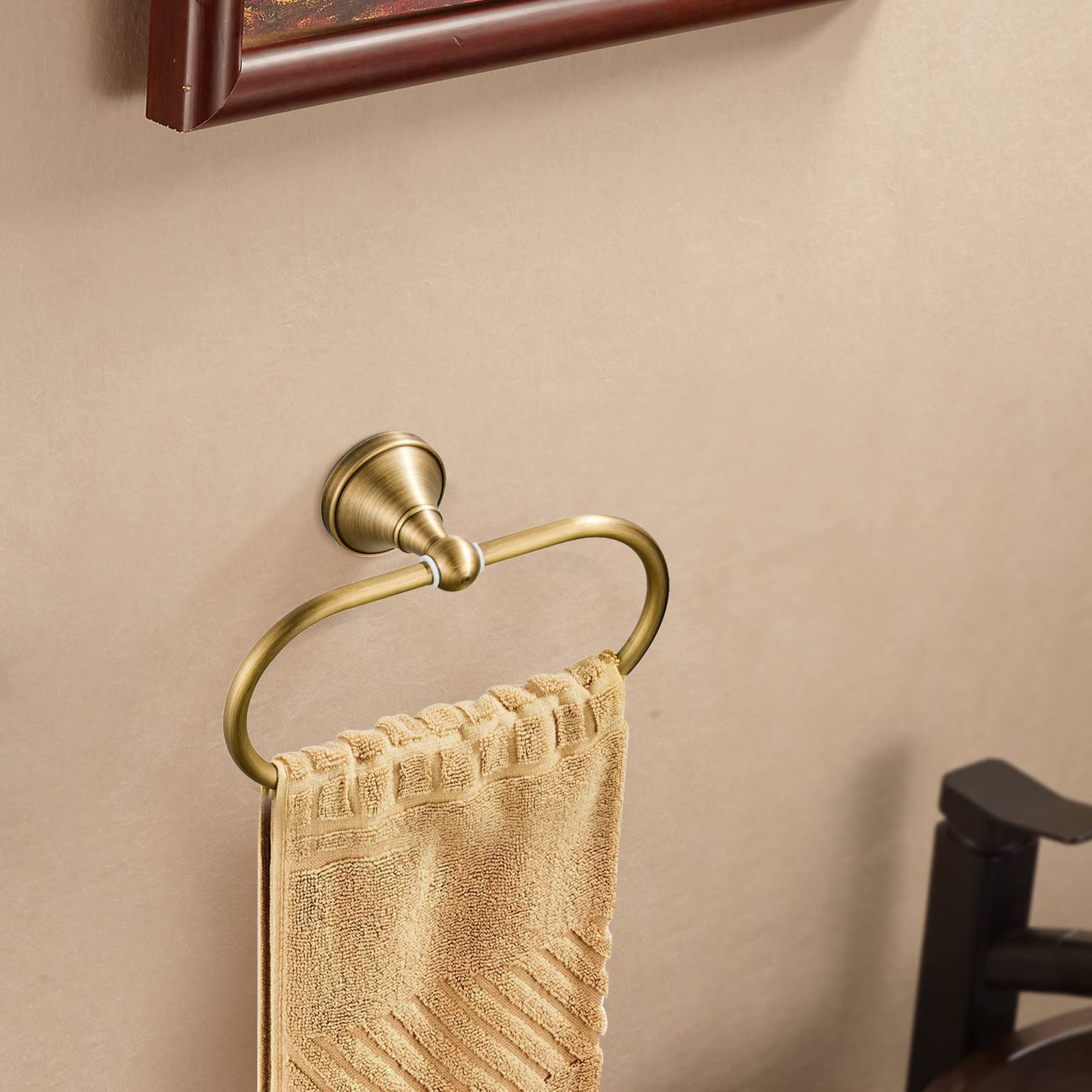 WOLIBEER Antique Brass Toilet Paper Holder & Towel Ring Set - 2 Piece Wall Mounted Bathroom Tissue Roll Hanger - Vintage Bath Accessories for Classic & Farmhouse Style Bathrooms