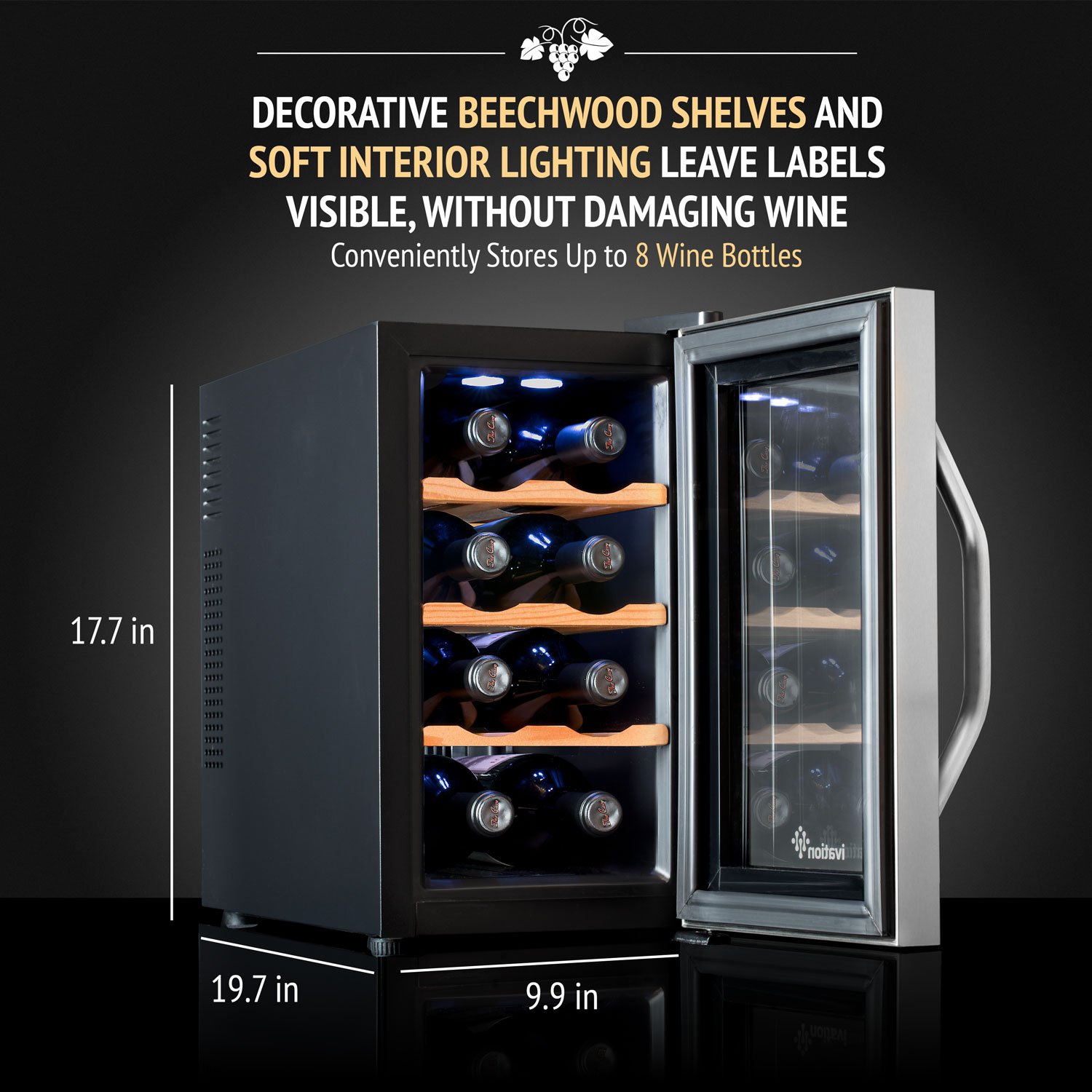 Ivation 8 Bottle Thermoelectric Wine Cooler - Stainless Steel Countertop Wine Fridge with Digital Temperature Control & Smoked Glass Door - Quiet Freestanding Wine Refrigerator for Red & White Wine - Perfect for Kitchen, Bar, Dining Room or Office