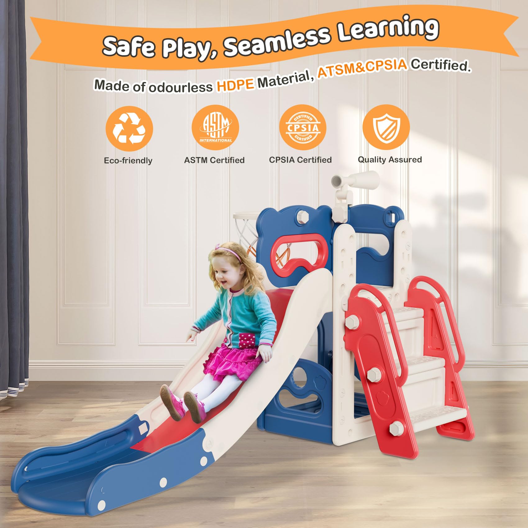 Babytronic 6-in-1 Toddler Slide Playset for Kids Ages 1-3 | Indoor & Outdoor Slide with Basketball Hoop & Telescope | Blue & Red Playground Toy for Backyard, Nursery & Daycare