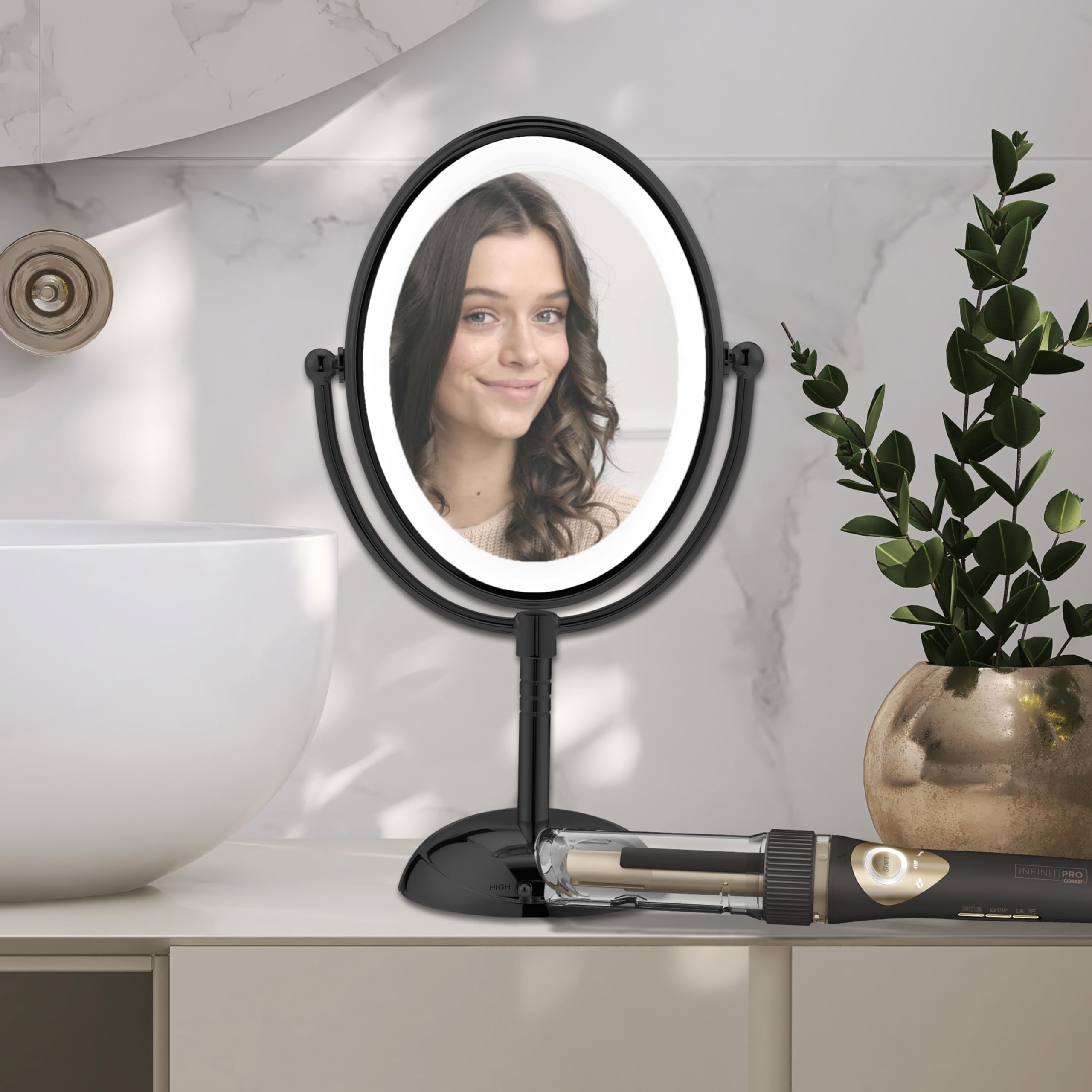 Conair Limited Edition Bundle: INFINITIPRO by CONAIR 3/4-inch Automatic Curling Iron & Lighted Makeup Mirror - Black | Amazon Exclusive | Perfect for Home Salon & Travel Styling