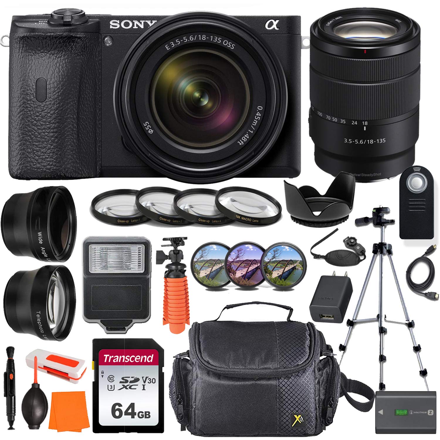 Sony Alpha a6600 Mirrorless Digital Camera with 18-135mm Lens Kit - Includes Wide Angle & Telephoto Lenses, 64GB SD Card, Tripod, Macro Filters, Flash | Perfect for Travel Photography, Vlogging & Professional Shooting