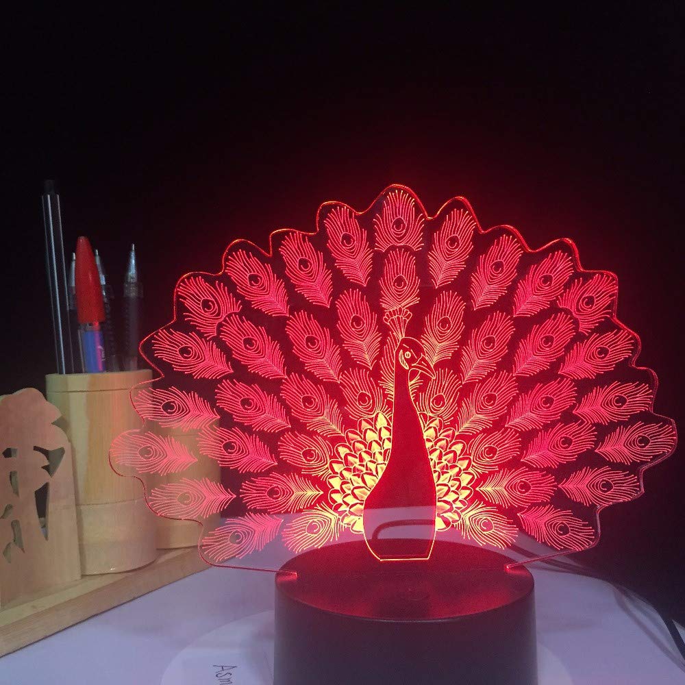3D LED Peacock Tail Night Light - 7 Color Changing Animal Table Lamp for Kids Room, Nursery, Bedroom Decor | Home Decoration & Unique Gift Idea