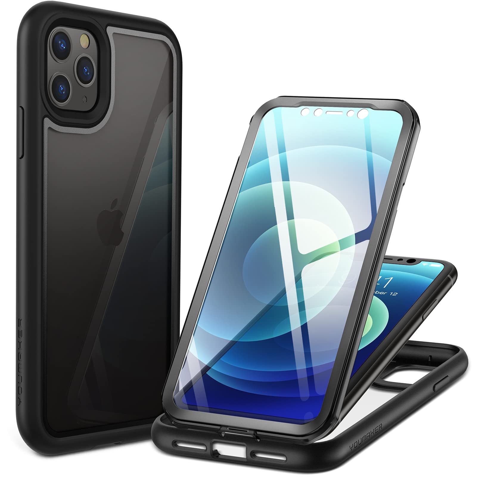 YOUMAKER [2021 Upgraded] Rugged Clear iPhone 11 Pro Max Case 6.5 Inch - Shockproof Full Body Protection with Built-in Screen Protector - Aegis Designed for iPhone 11 Pro Max - Perfect for Outdoor Activities, Work & Daily Use (Black)