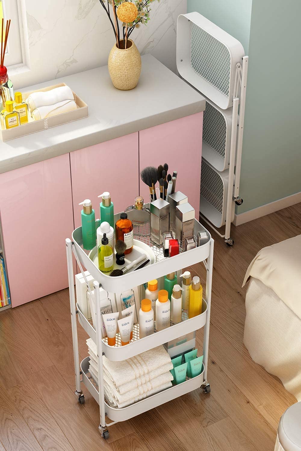 HTLLT 3-Tier Foldable Utility Cart with Wheels - ABS Storage Mesh Basket, Easy Assembly for Bathroom, Bedroom, Kitchen & Office - Perfect for Organizing Toiletries, Books & Kitchen Supplies