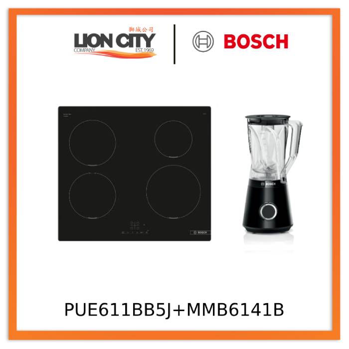 Bosch PUE611BB5J Series 4 60cm Induction Cooktop with MMB6141B Vita Power Blender (1200W, Black) - Perfect for Modern Kitchens & Smoothie Making