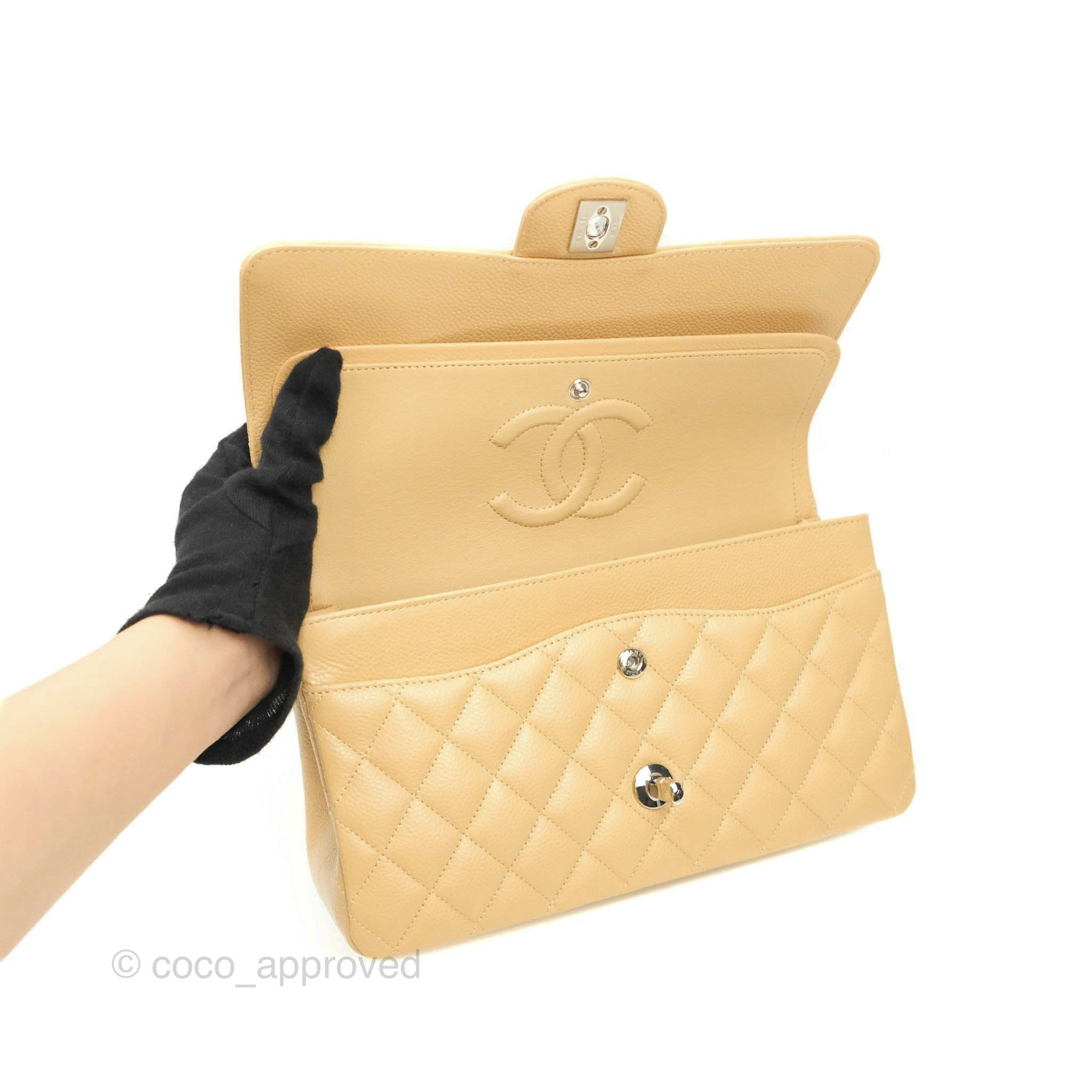 Chanel Classic M/L Medium Double Flap Bag in Beige Caviar Leather with Silver Hardware - Luxury Handbag for Women, Perfect for Work, Parties & Everyday Use