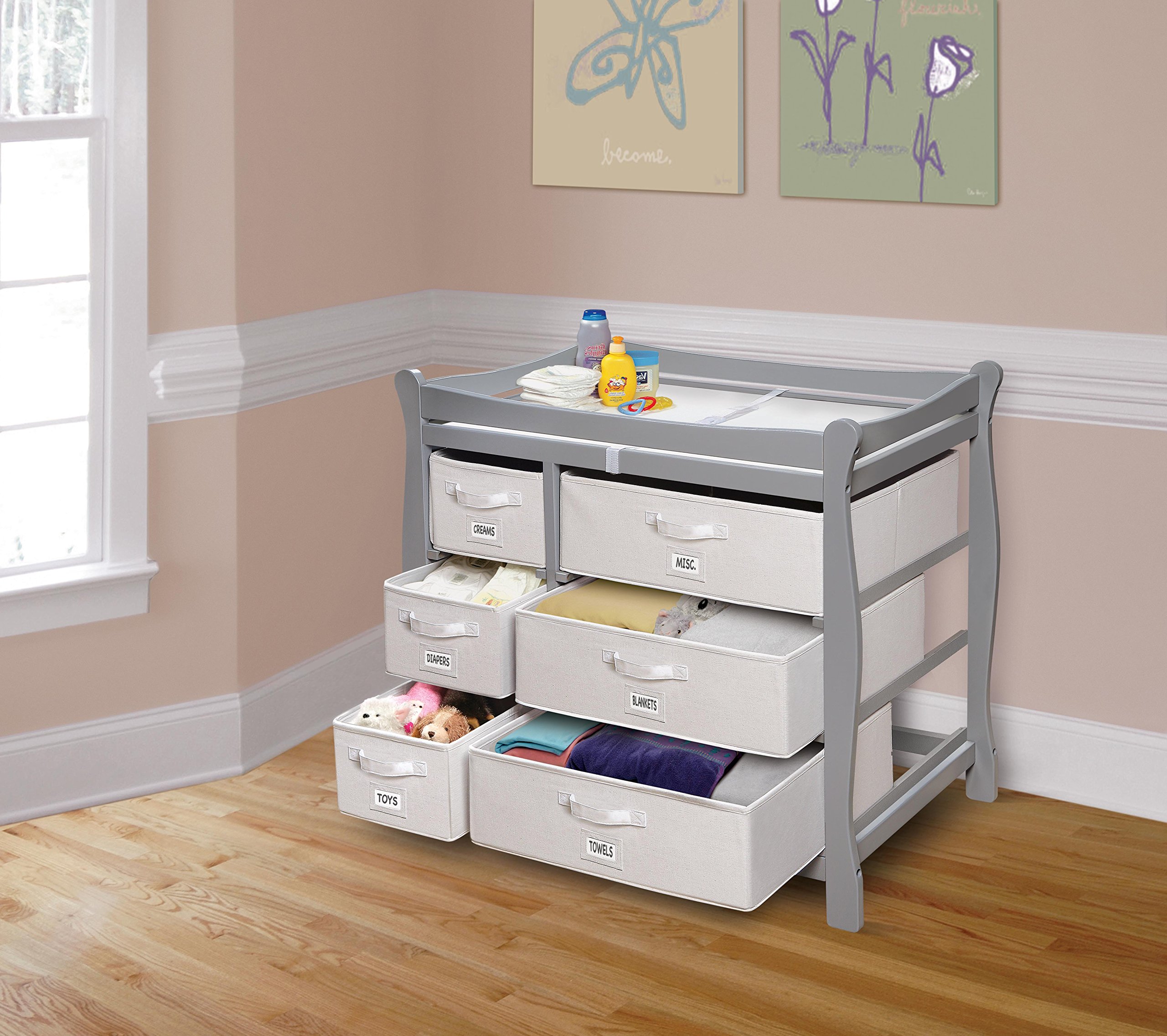 Sleigh Style Baby Changing Table with 6 Storage Baskets - Cool Gray Nursery Organizer for Diapers, Wipes & Baby Essentials | Perfect for Newborn Care & Nursery Organization